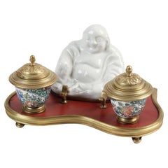 Antique Porcelain and Bronze Inkwell in the Taste of Asian Art.
