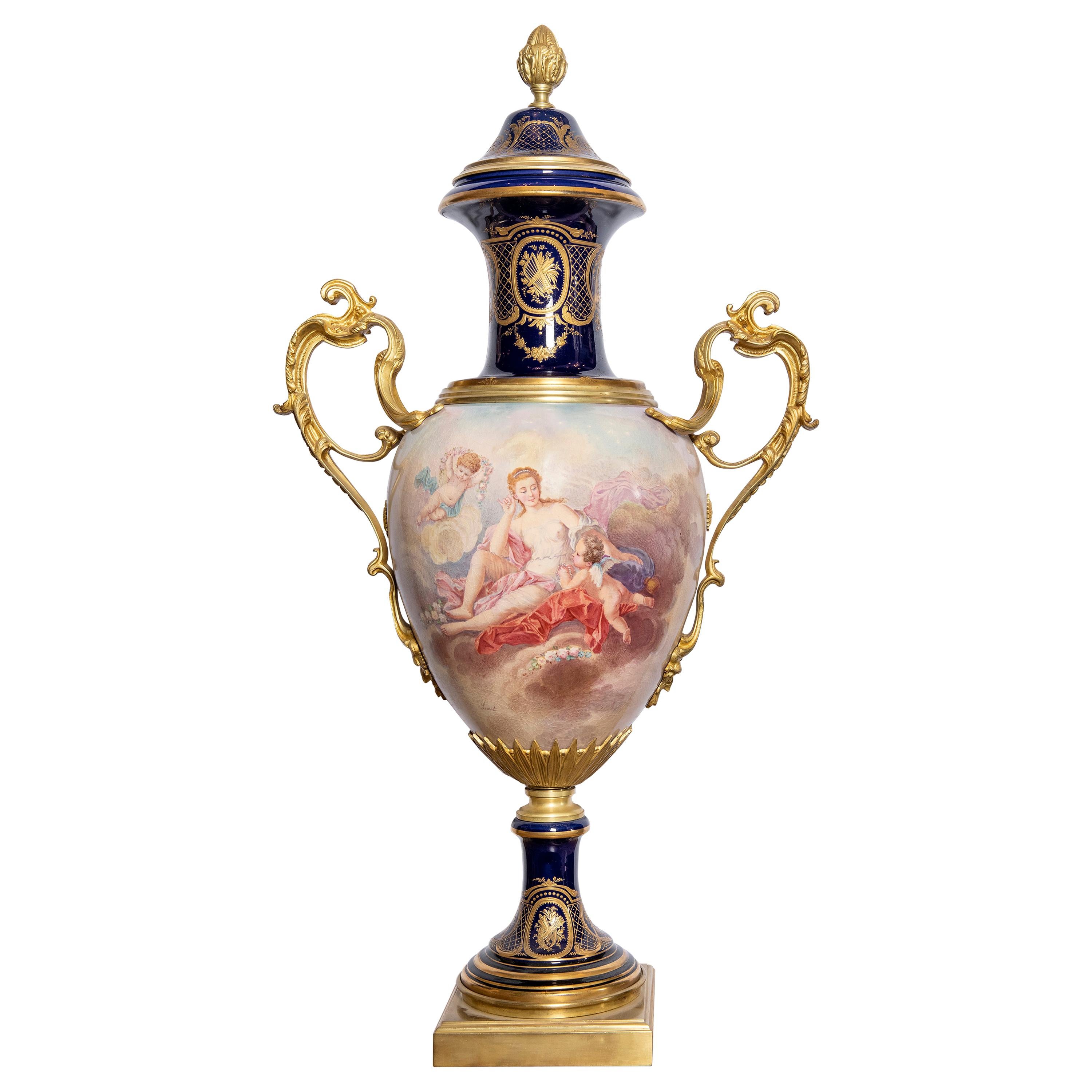 Porcelain and Gilt Bronze Vase Signed Sèvres, Painted by Lucat, France For Sale