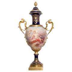 Antique Porcelain and Gilt Bronze Vase Signed Sèvres, Painted by Lucat, France