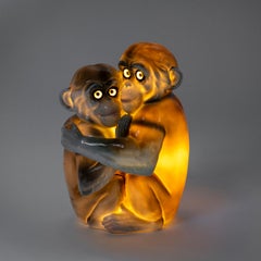 Porcelain and glass monkeys table lamp. Germany, circa 1920.