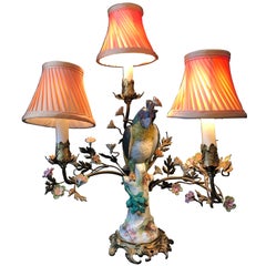 Porcelain and Ormolu Parrot Lamp after Meissen, German, 3-Light