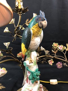Porcelain and Ormolu Parrot Lamp after Meissen, German, 3-Light