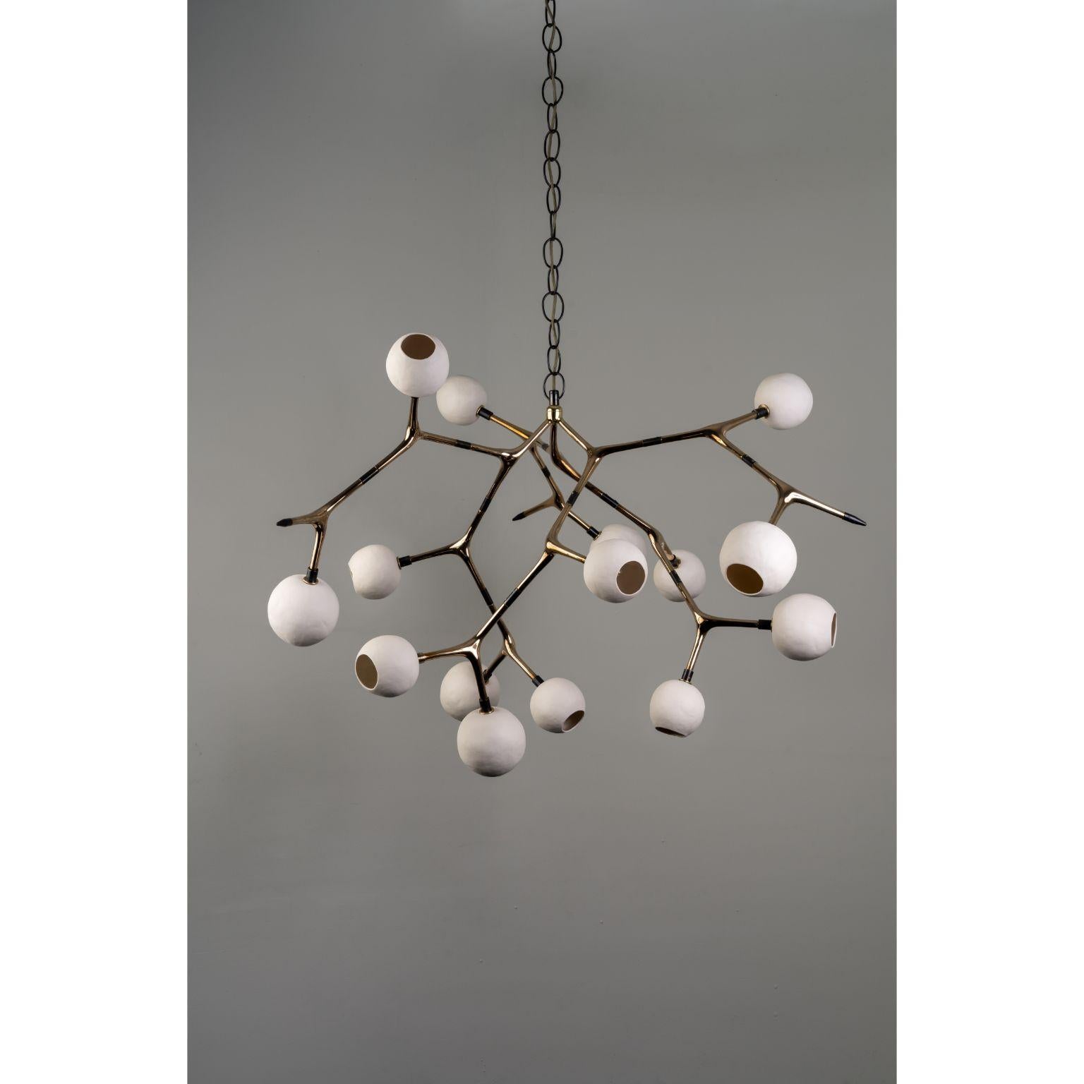 Porcelain and Polished Bronze Maratus 15 Pendant Lamp by Isabel Moncada
Dimensions: Ø 135 x H 160 cm.
Materials: Cast bronze, blown glass and turned brass.
Weight: 20 kg.

The image of a swarm of small lights at night is mesmerizing. Maratus 15 is a