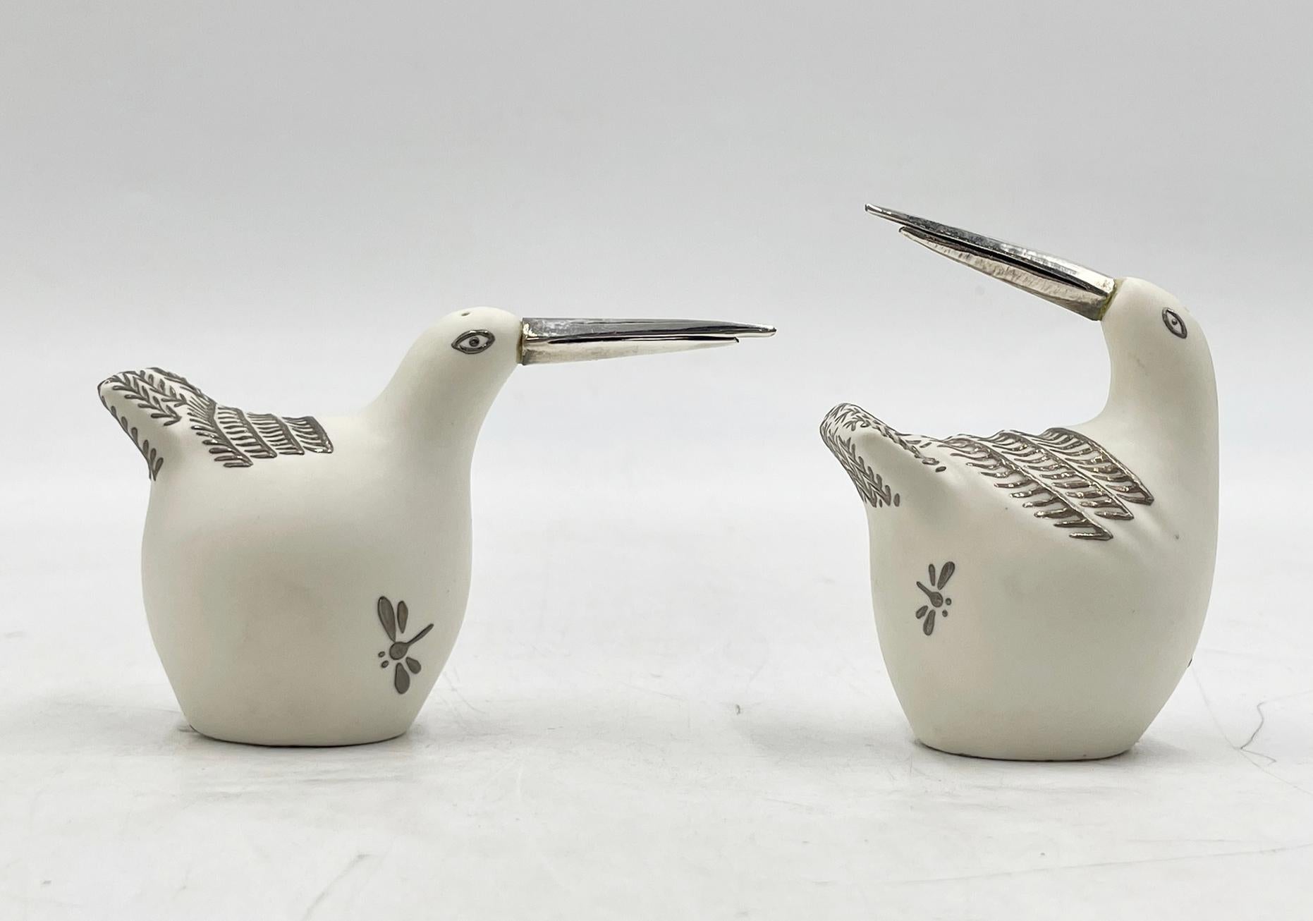 Porcelain and Pure Silver Bird Salt & Pepper Shakers by Emilia Castillo For Sale 3