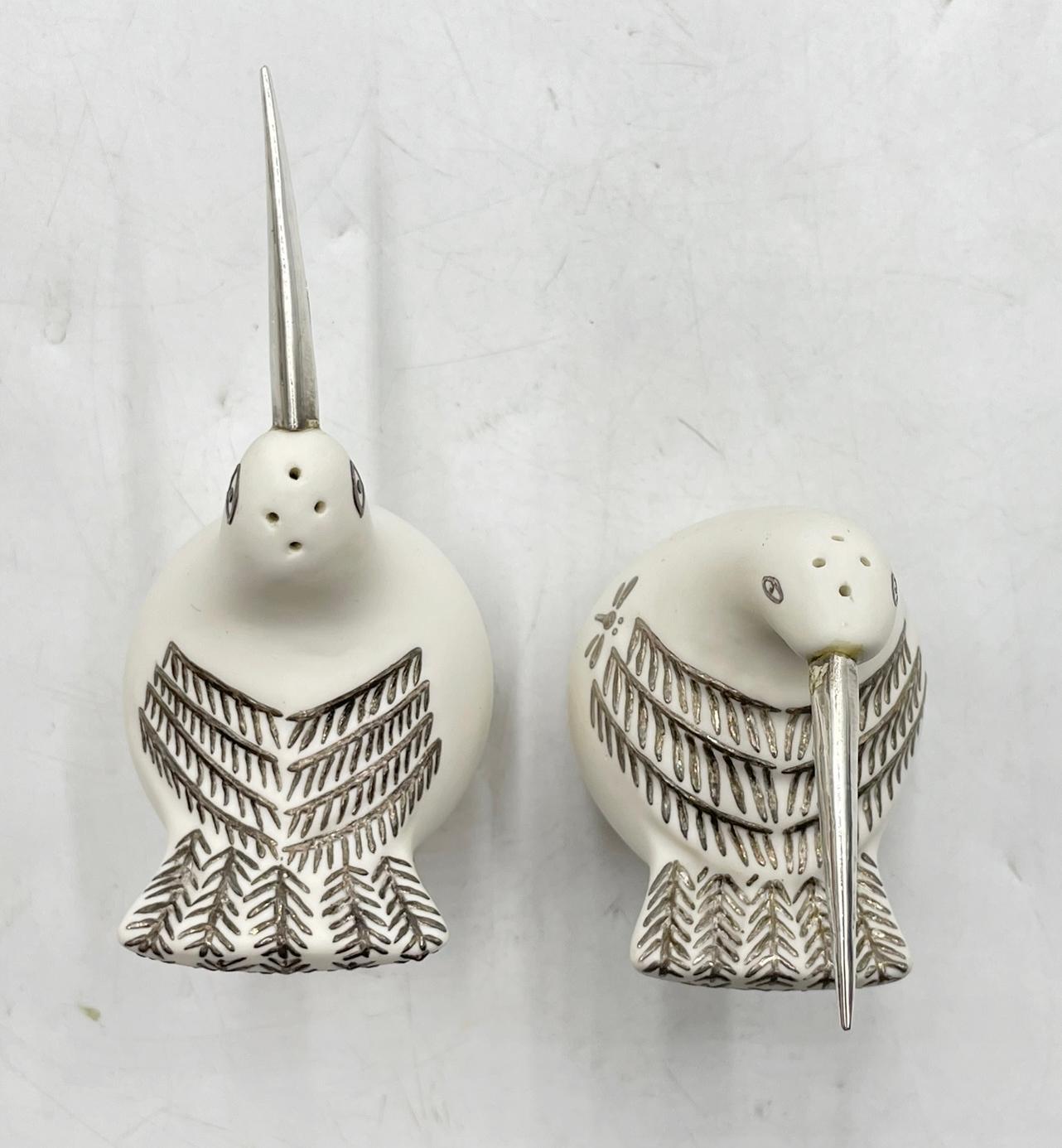 Organic Modern Porcelain and Pure Silver Bird Salt & Pepper Shakers by Emilia Castillo For Sale