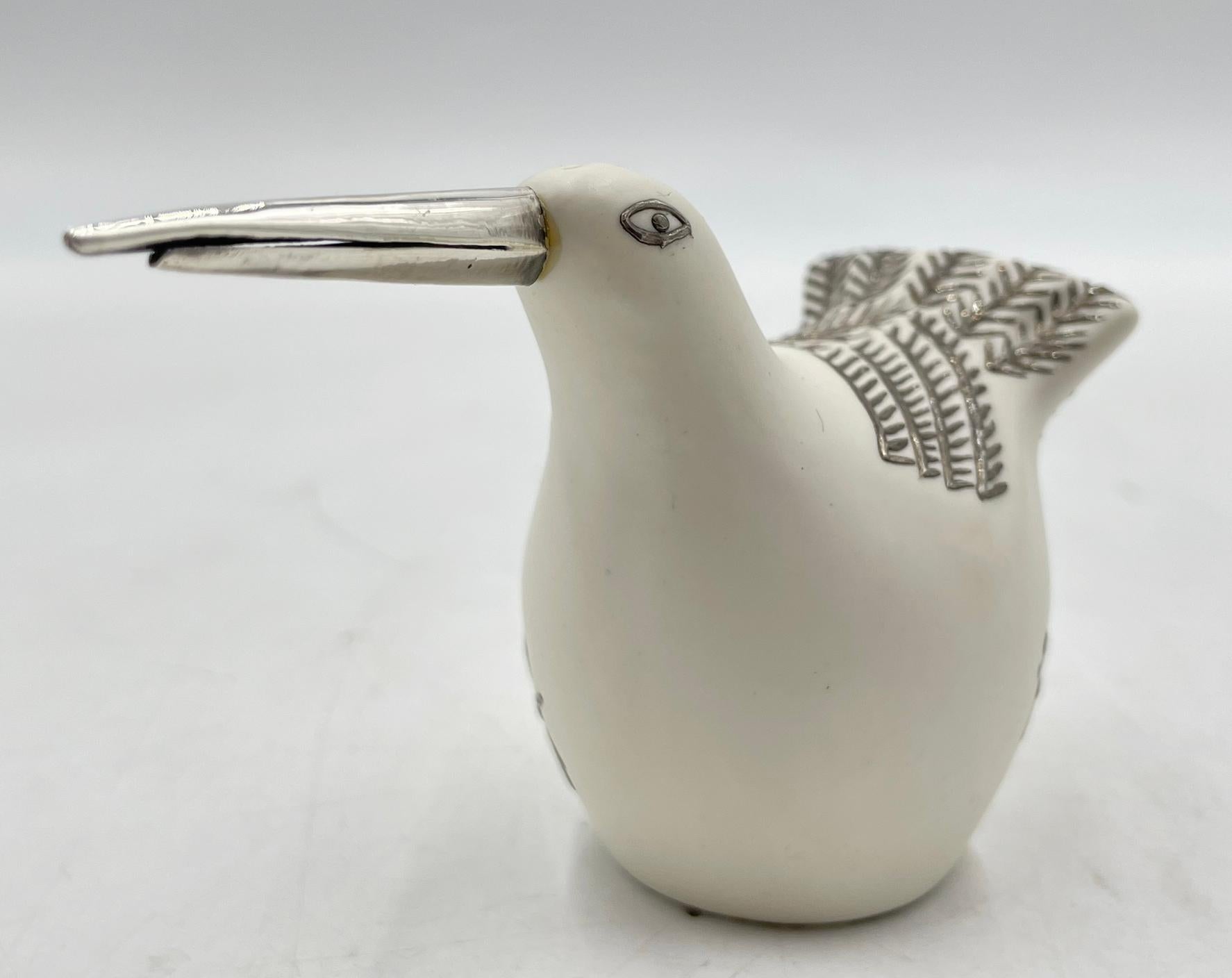 Mexican Porcelain and Pure Silver Bird Salt & Pepper Shakers by Emilia Castillo For Sale
