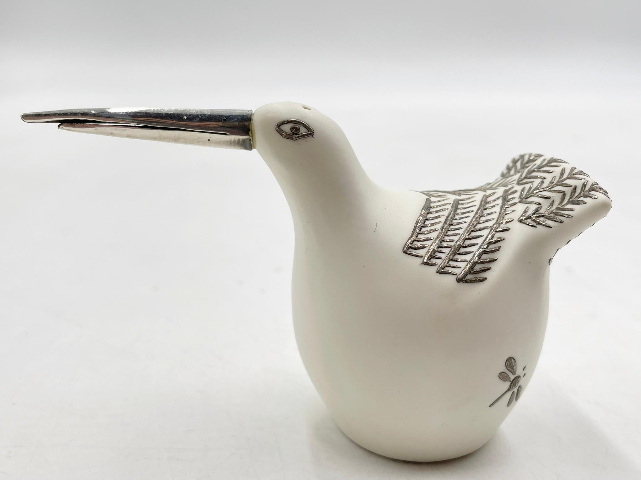 Hand-Crafted Porcelain and Pure Silver Bird Salt & Pepper Shakers by Emilia Castillo For Sale
