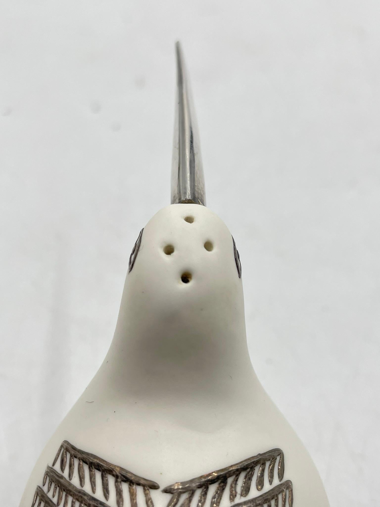 Porcelain and Pure Silver Bird Salt & Pepper Shakers by Emilia Castillo In Good Condition For Sale In Los Angeles, CA