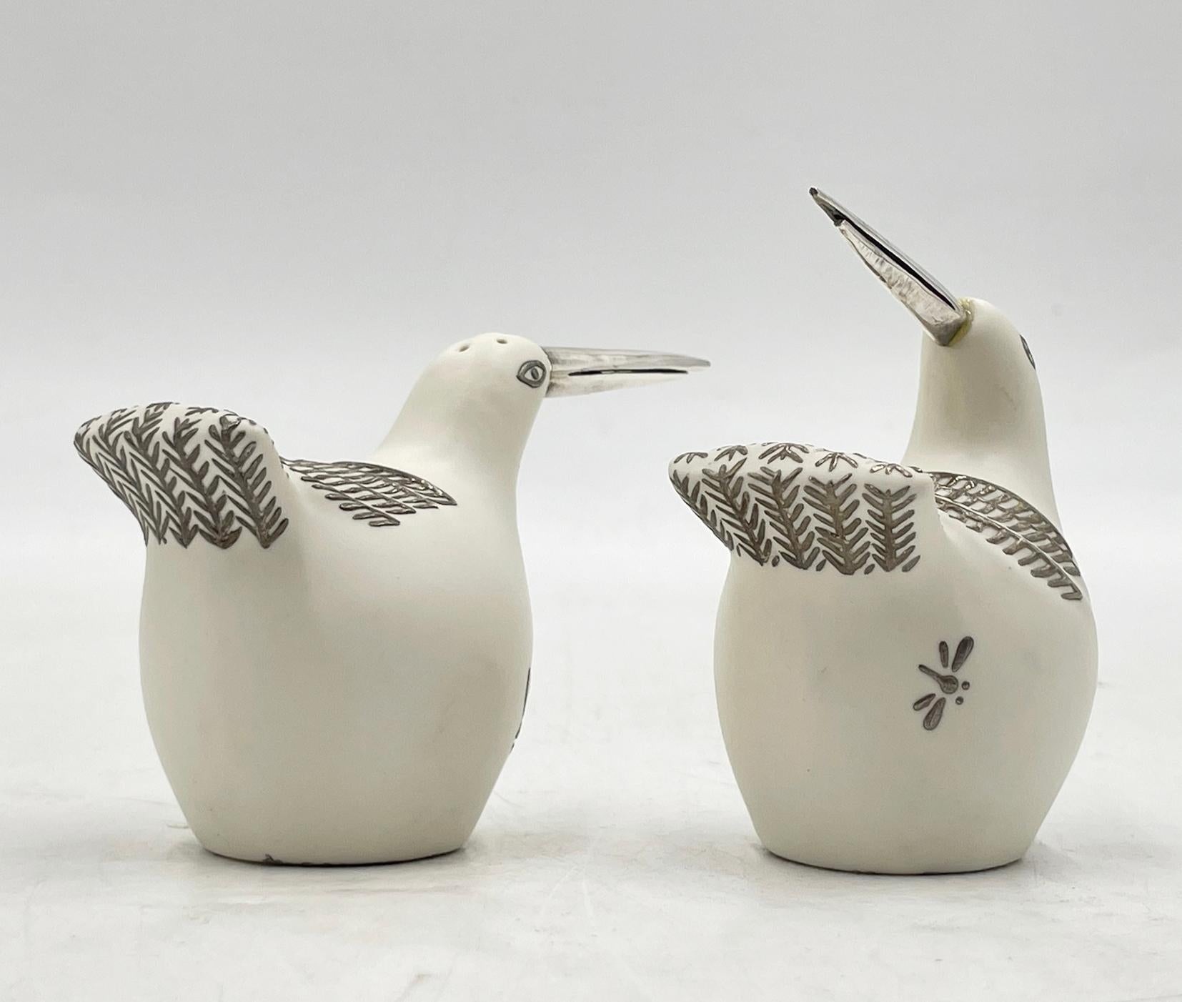 Porcelain and Pure Silver Bird Salt & Pepper Shakers by Emilia Castillo For Sale 2