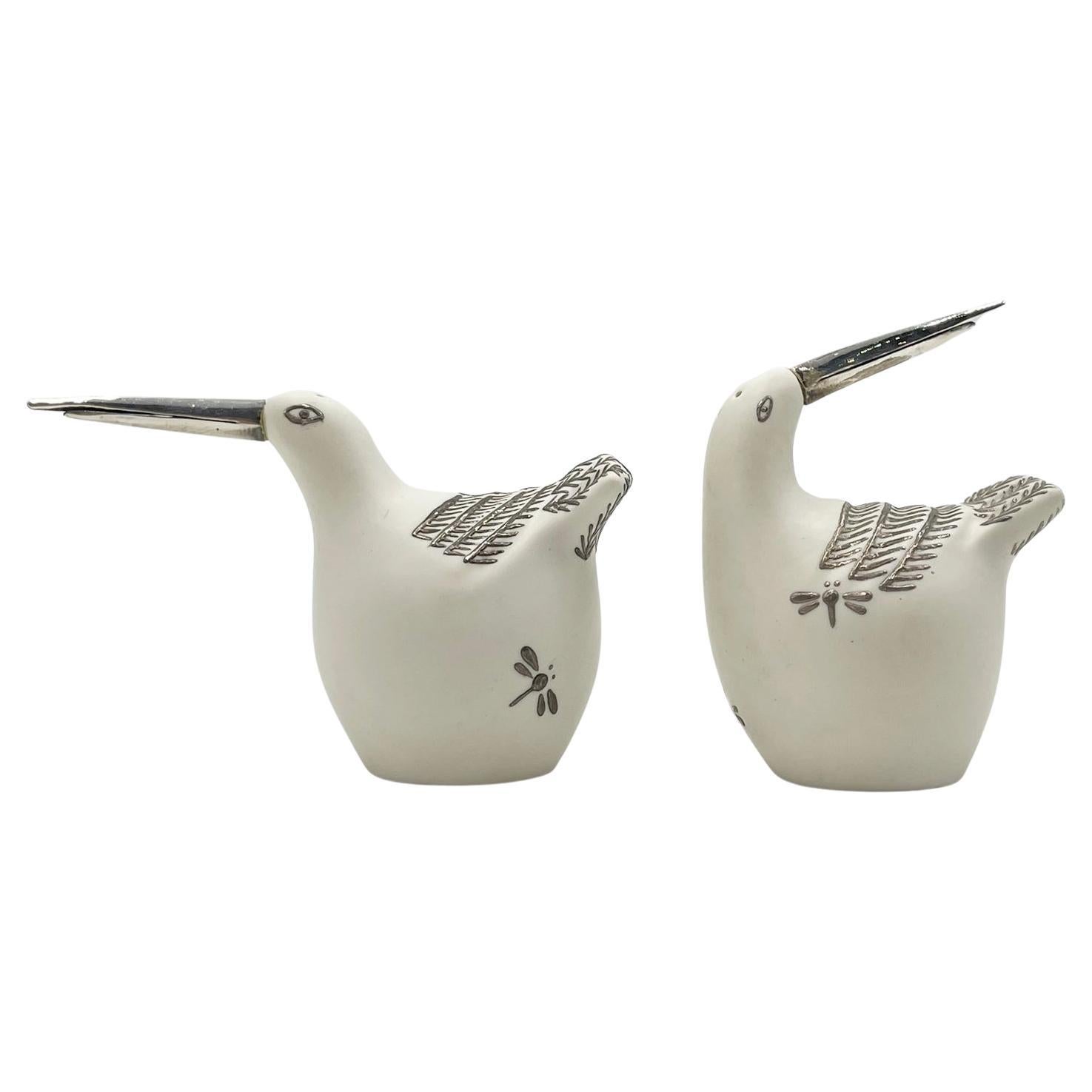 Porcelain and Pure Silver Bird Salt & Pepper Shakers by Emilia Castillo For Sale