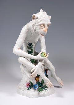Porcelain Animal Figure 'Monkey With Apple' by J. G. Kirchner, Dresden, ca. 1905