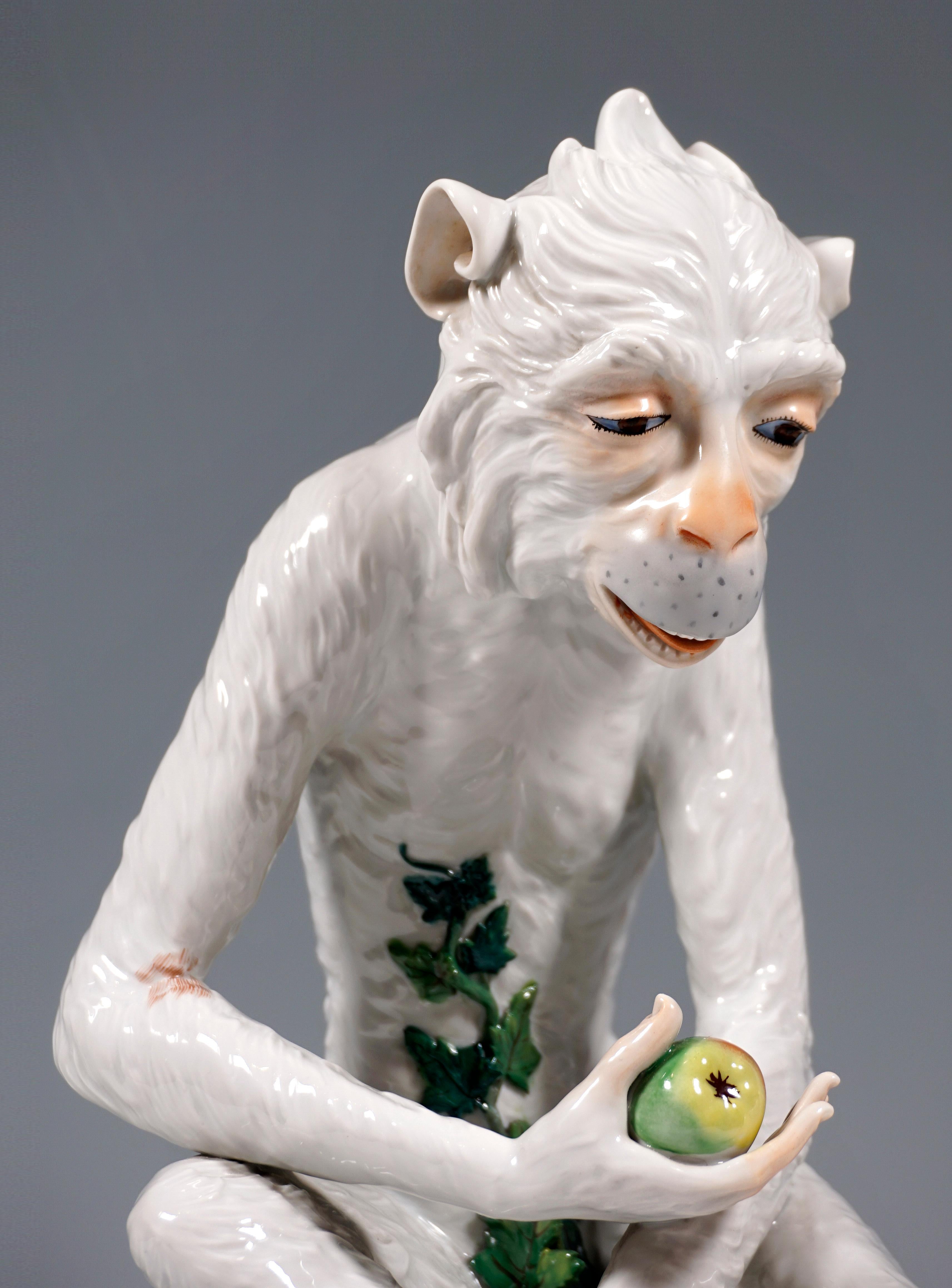 German Porcelain Animal Figure 'Monkey With Apple' by J. G. Kirchner, Dresden, ca. 1905
