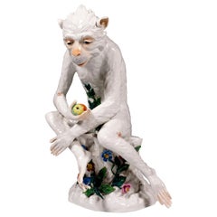 Antique Porcelain Animal Figure 'Monkey With Apple' by J. G. Kirchner, Dresden, ca. 1905