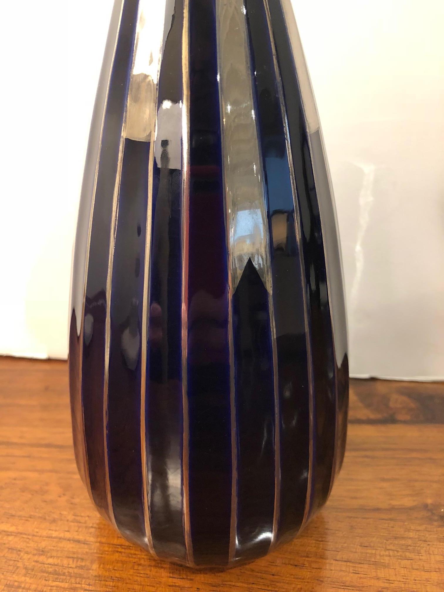 French Porcelain Art Deco Navy and Silver Vase