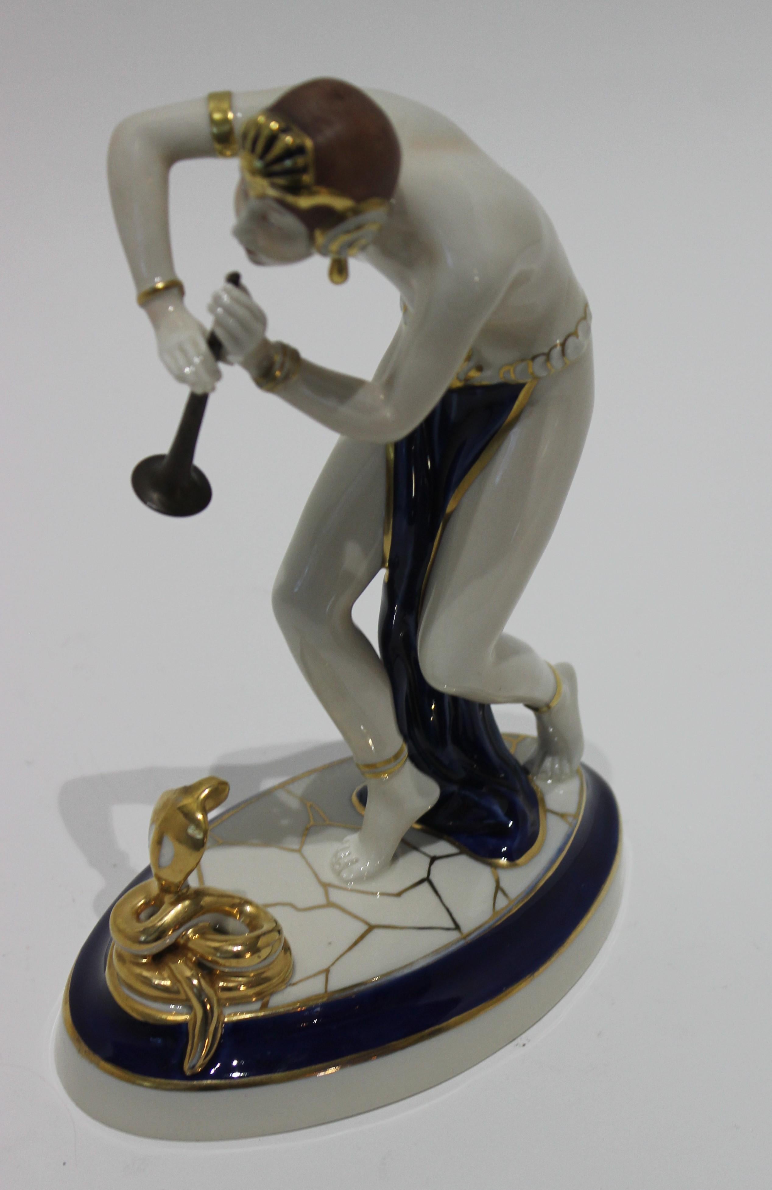 Glazed Porcelain Art Deco Snake Charmer Figurine For Sale