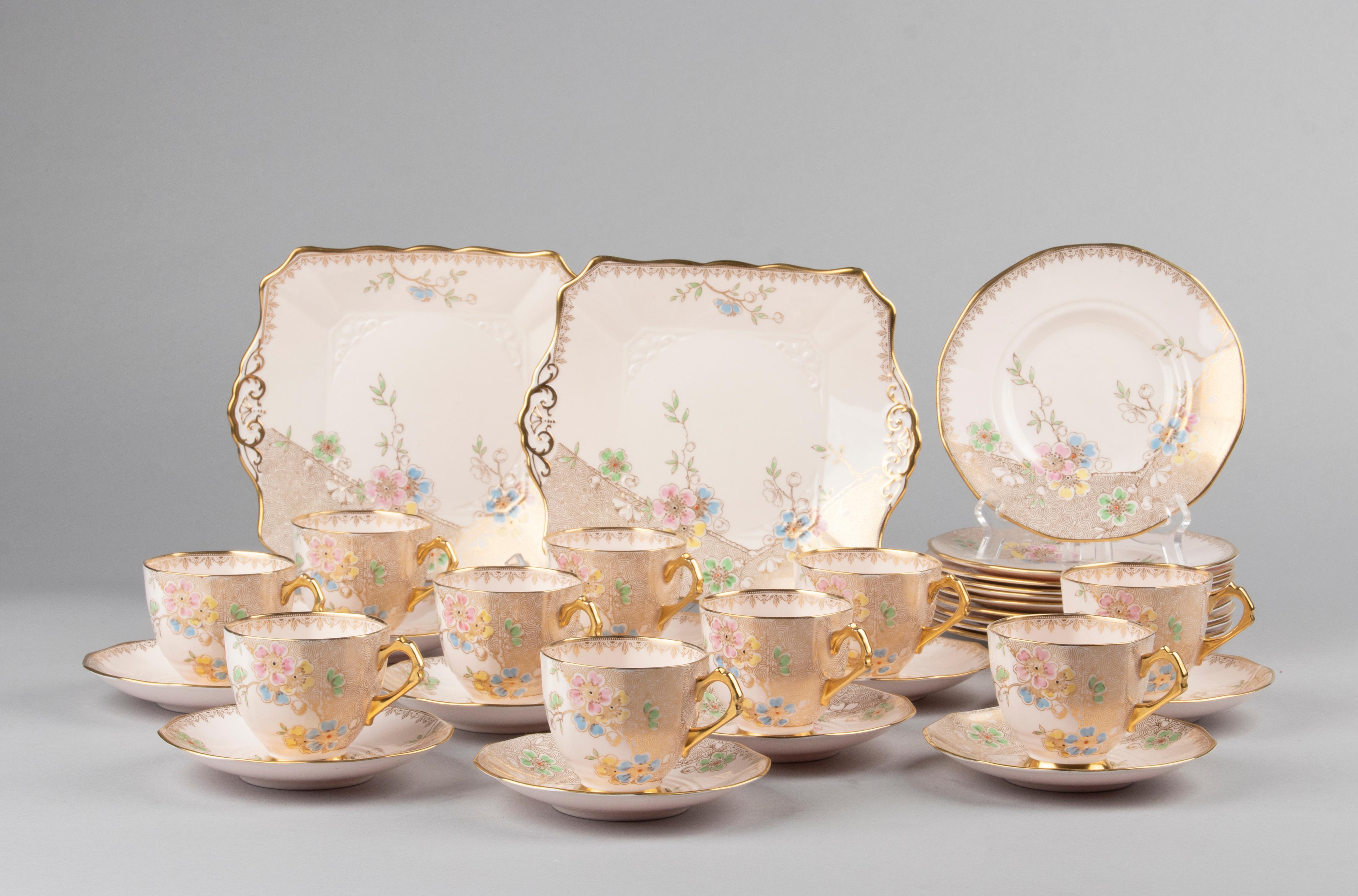 Hand-Painted Porcelain Art Deco Teaset for 10 Persons Made by Tuscan England Model Plant For Sale