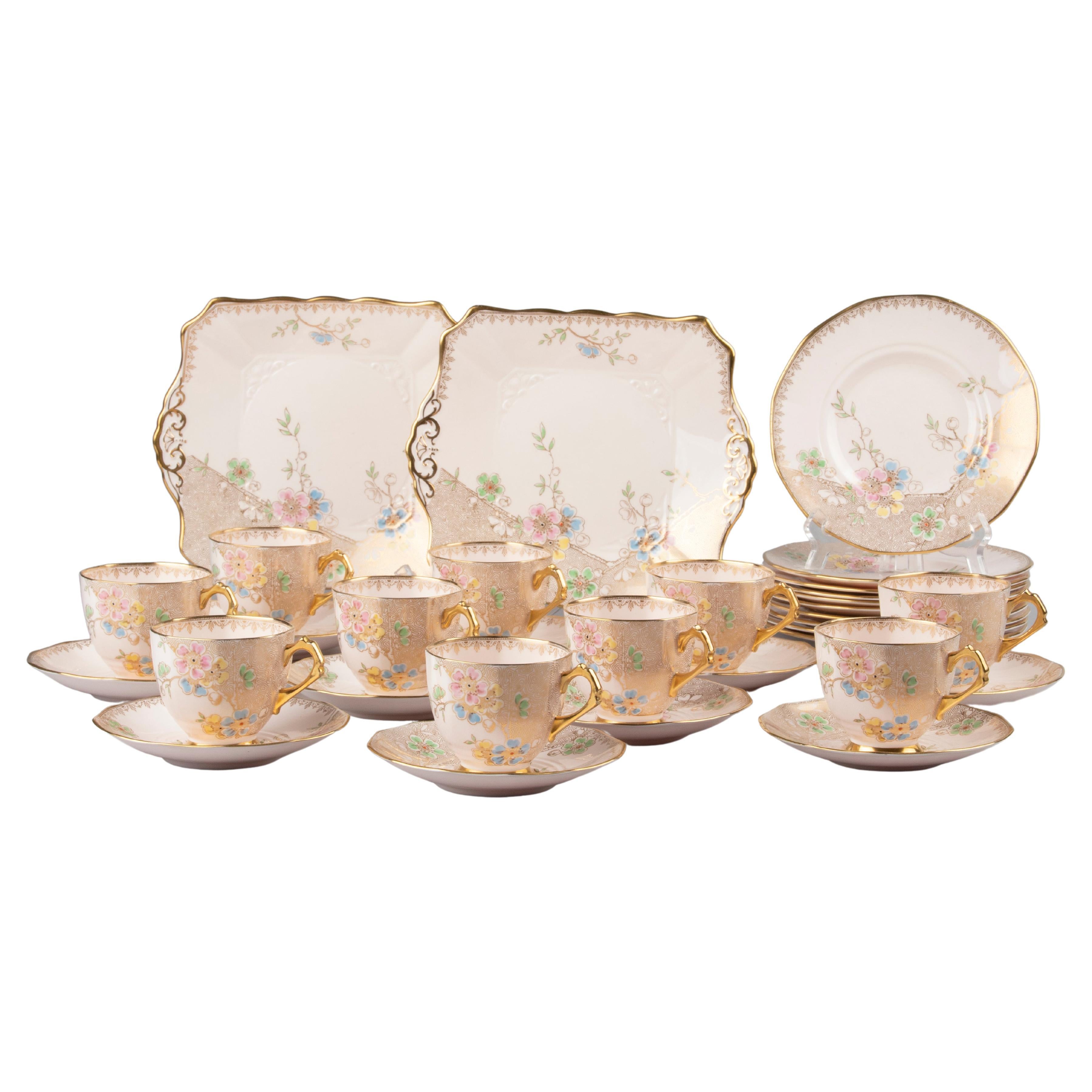 Porcelain Art Deco Teaset for 10 Persons Made by Tuscan England Model Plant For Sale