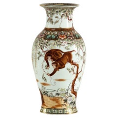 Porcelain Baluster Shaped Vase with Hand-Painted Monkeys and Floral Motifs