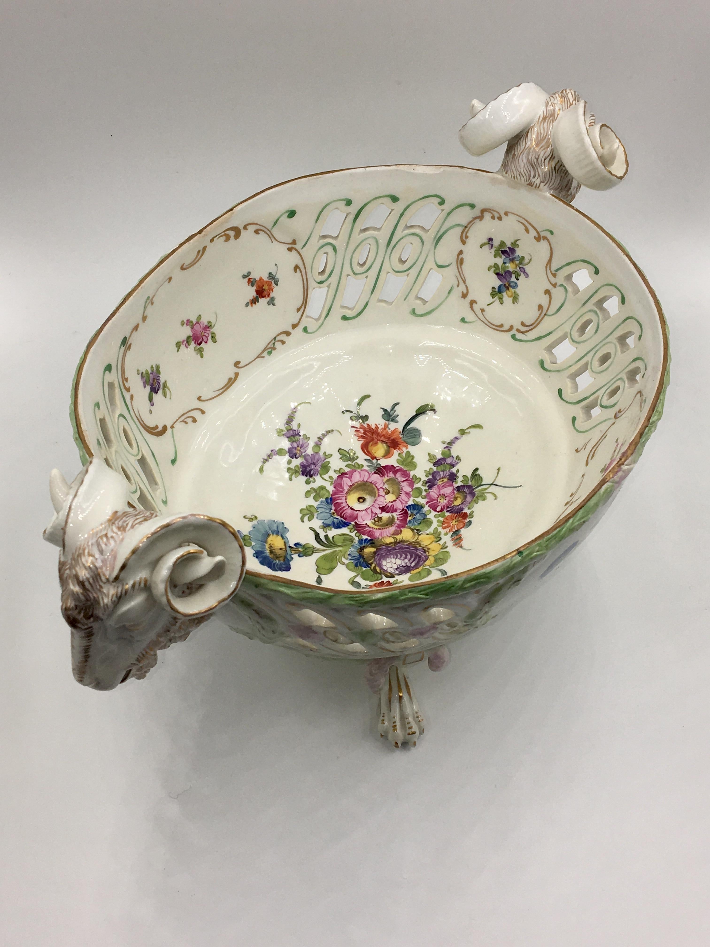 Austrian Porcelain Basket with 2 Rams Heads, Vienna For Sale