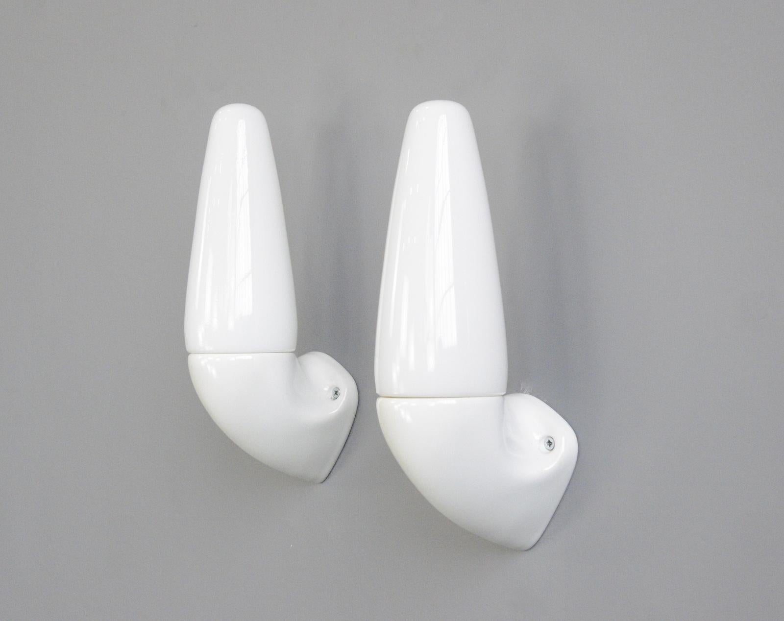 Porcelain bathroom lights by Sigvard Bernadotte for Ifo Circa 1950s

- Worldwide shipping
- Price is per light (13 available)
- All prices inc VAT
- Vitreous white porcelain wall mounts
- Screw off opaline shades
- Takes E14 fitting bulbs
- Wires