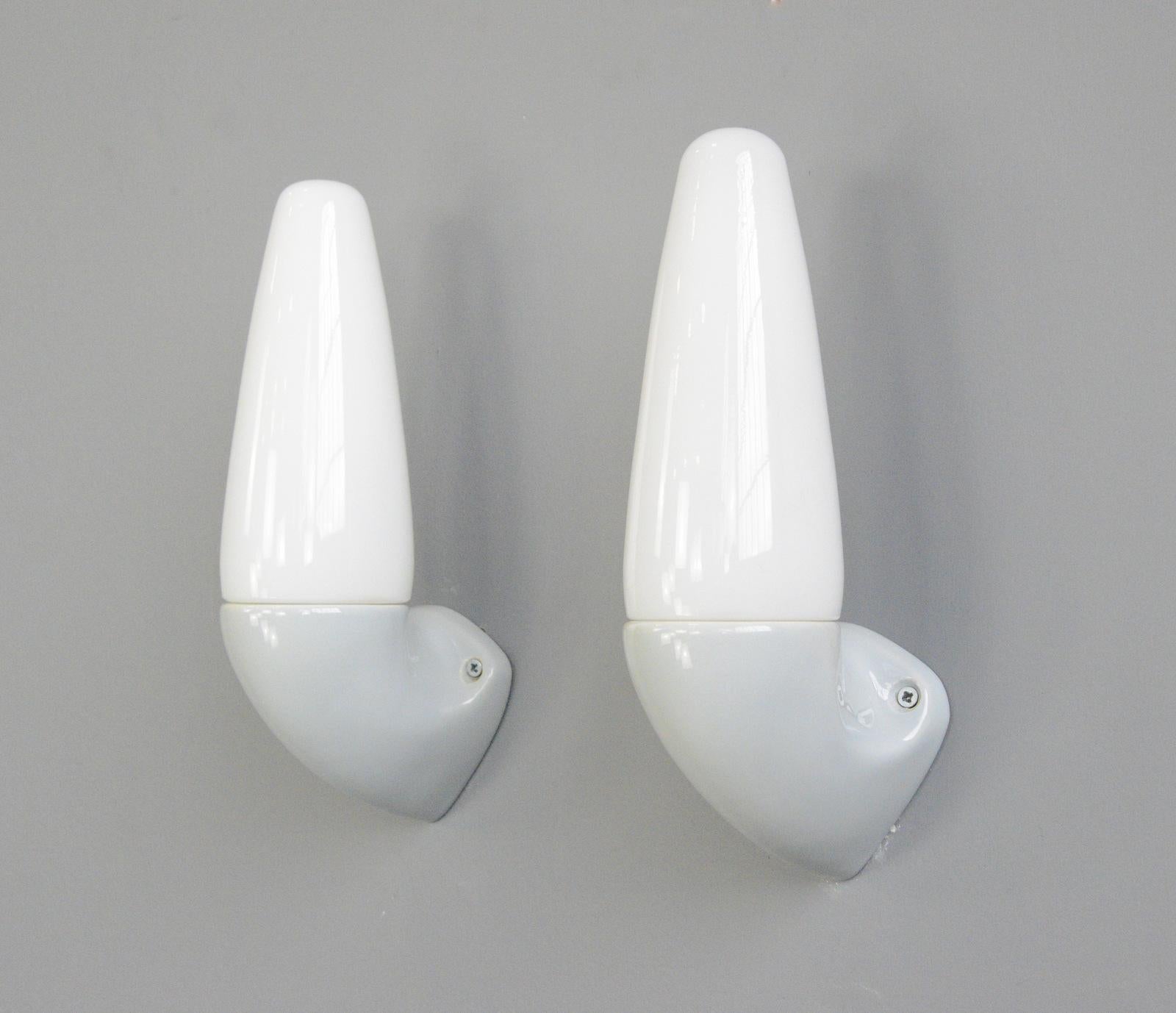 Porcelain Bathroom Lights By Sigvard Bernadotte For Ifo Circa 1950s

- Price is per piece (18 available) 
- Vitreous grey porcelain wall mounts
- Screw off opaline shades
- Takes E27 fitting bulbs
- Wires directly into the wall
- Designed by