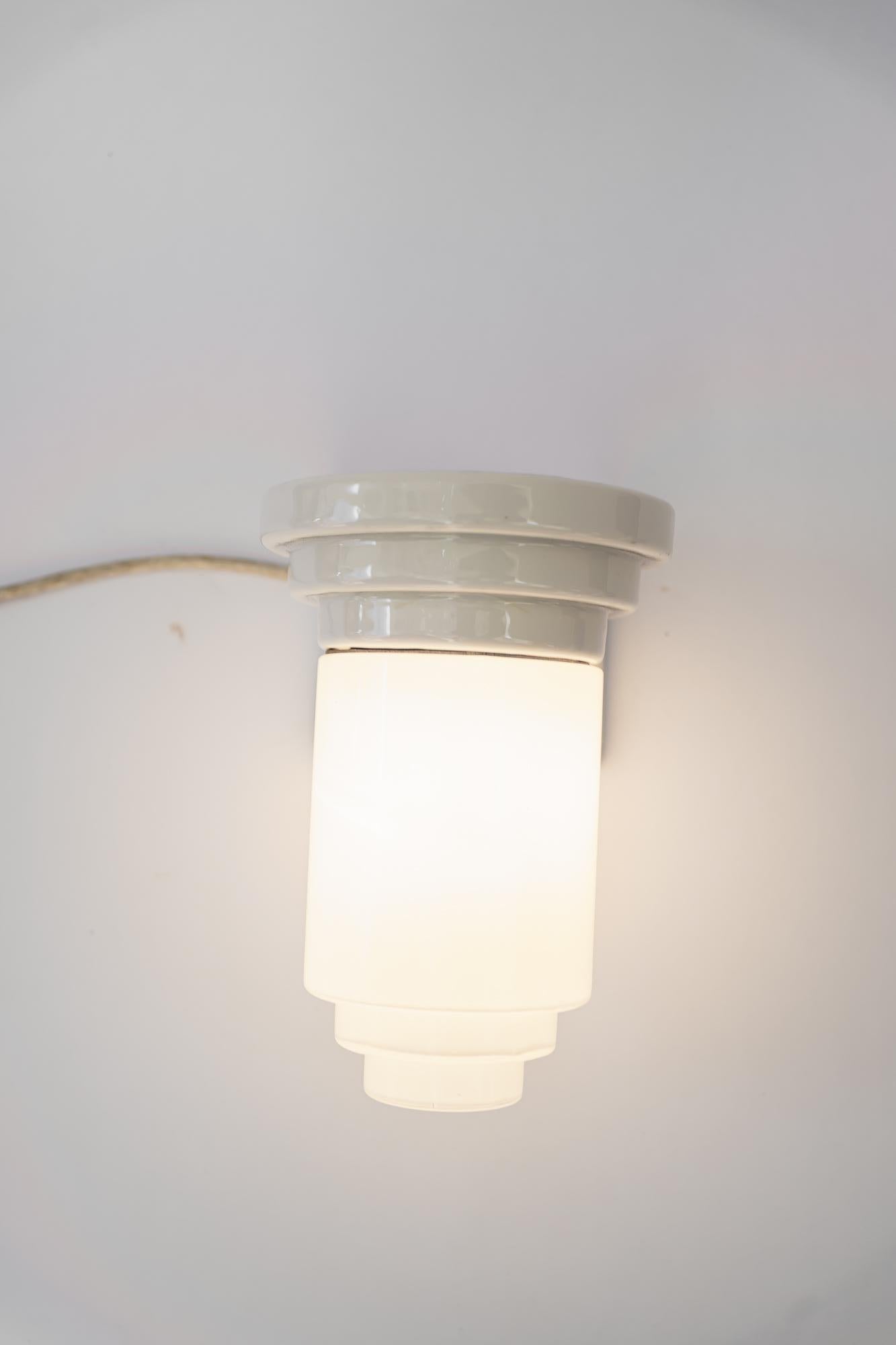 Early 20th Century Porcelain Bauhaus Wall Lamp with Original Glass Shade Germany Around 1920