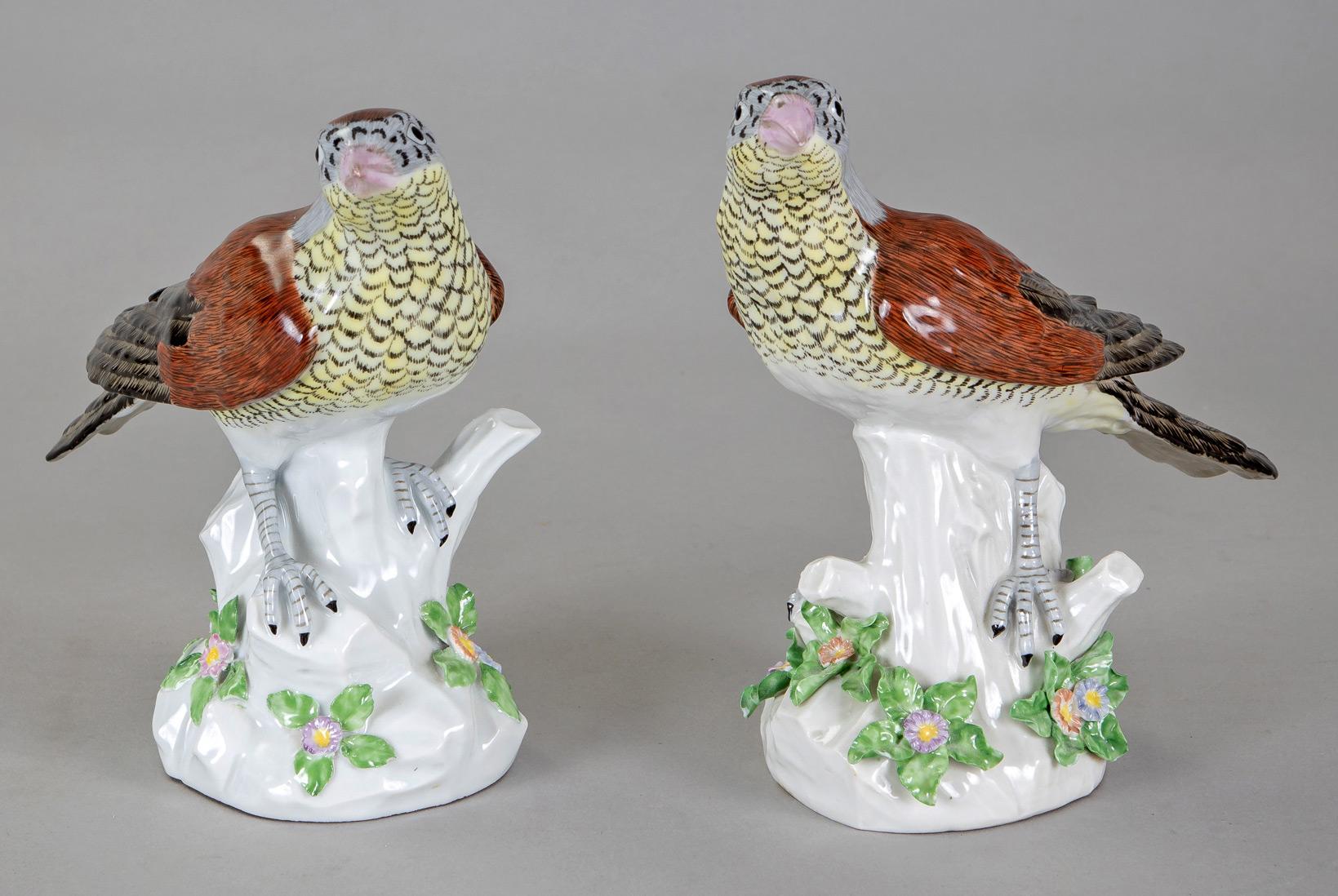 Pair of Edme Samson porcelain birds with pink beak, yellow and black chest, brown body and black tail feathers, perched on a tree stump surrounded by colorful floral designs. At the back is a Samson Meissen style mark used on replicas of German