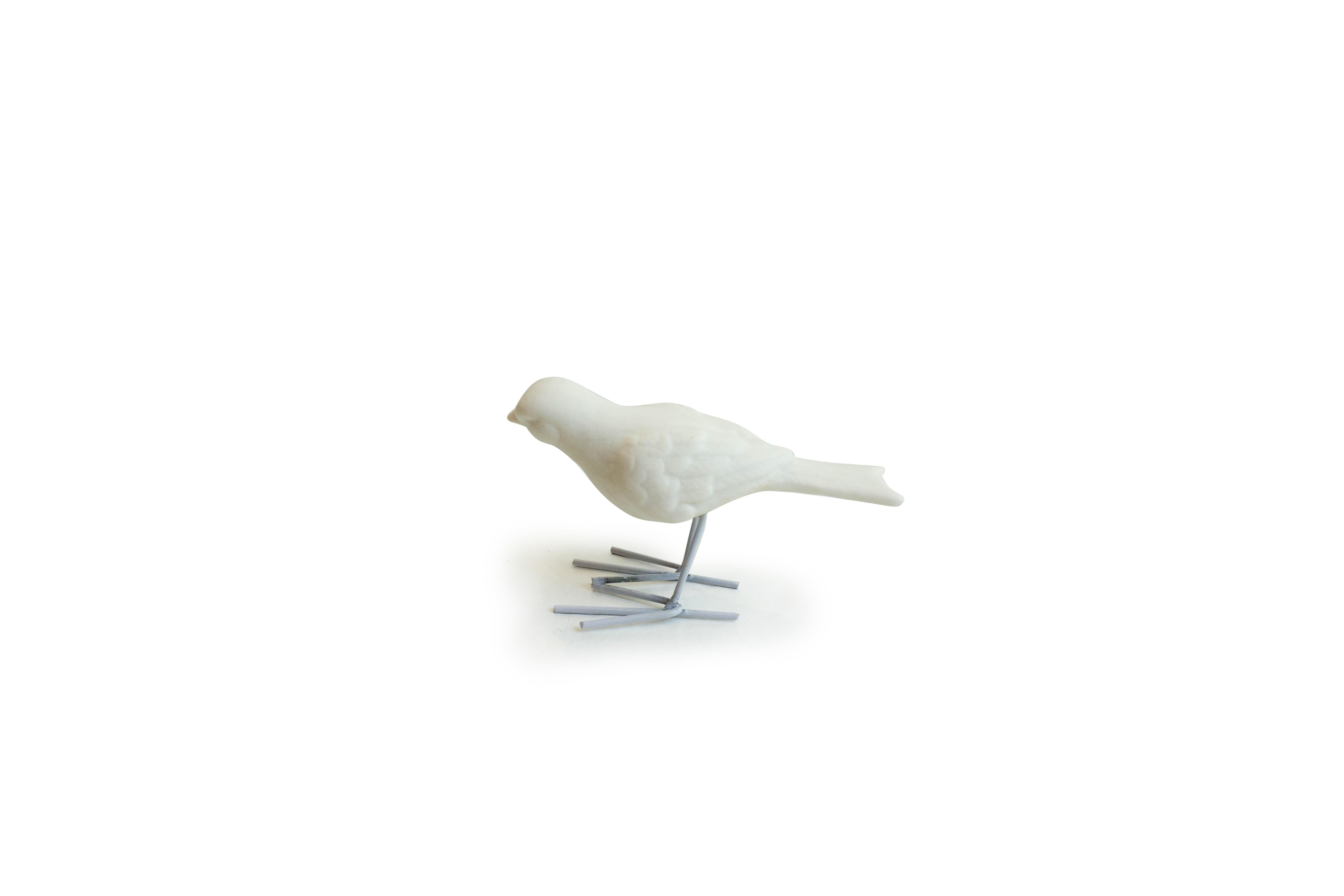Set of 4 Unglazed White Porcelain Birds, Starlings supported by White Iron Legs  For Sale 2