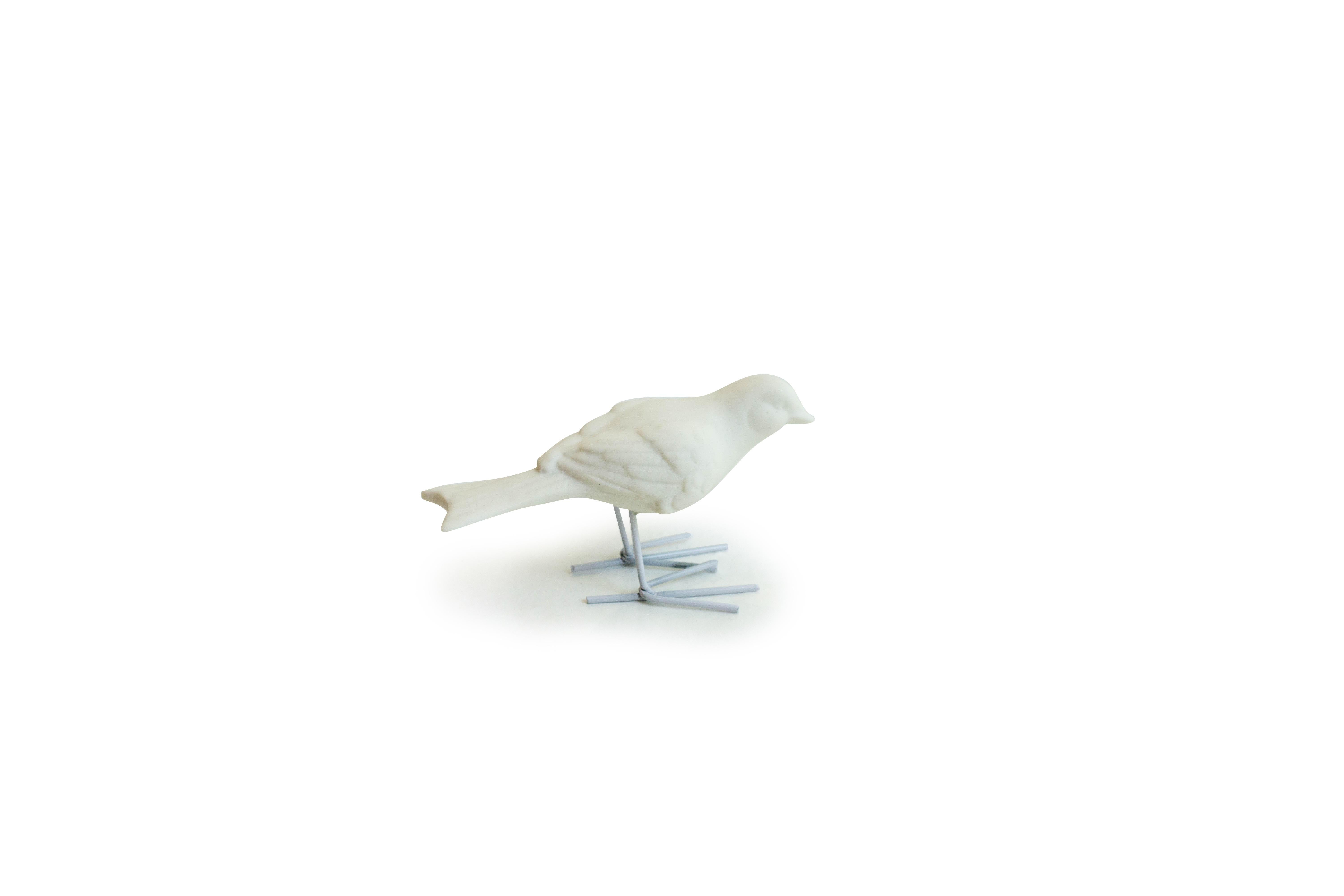 Set of 4 Unglazed White Porcelain Birds, Starlings supported by White Iron Legs  For Sale 3