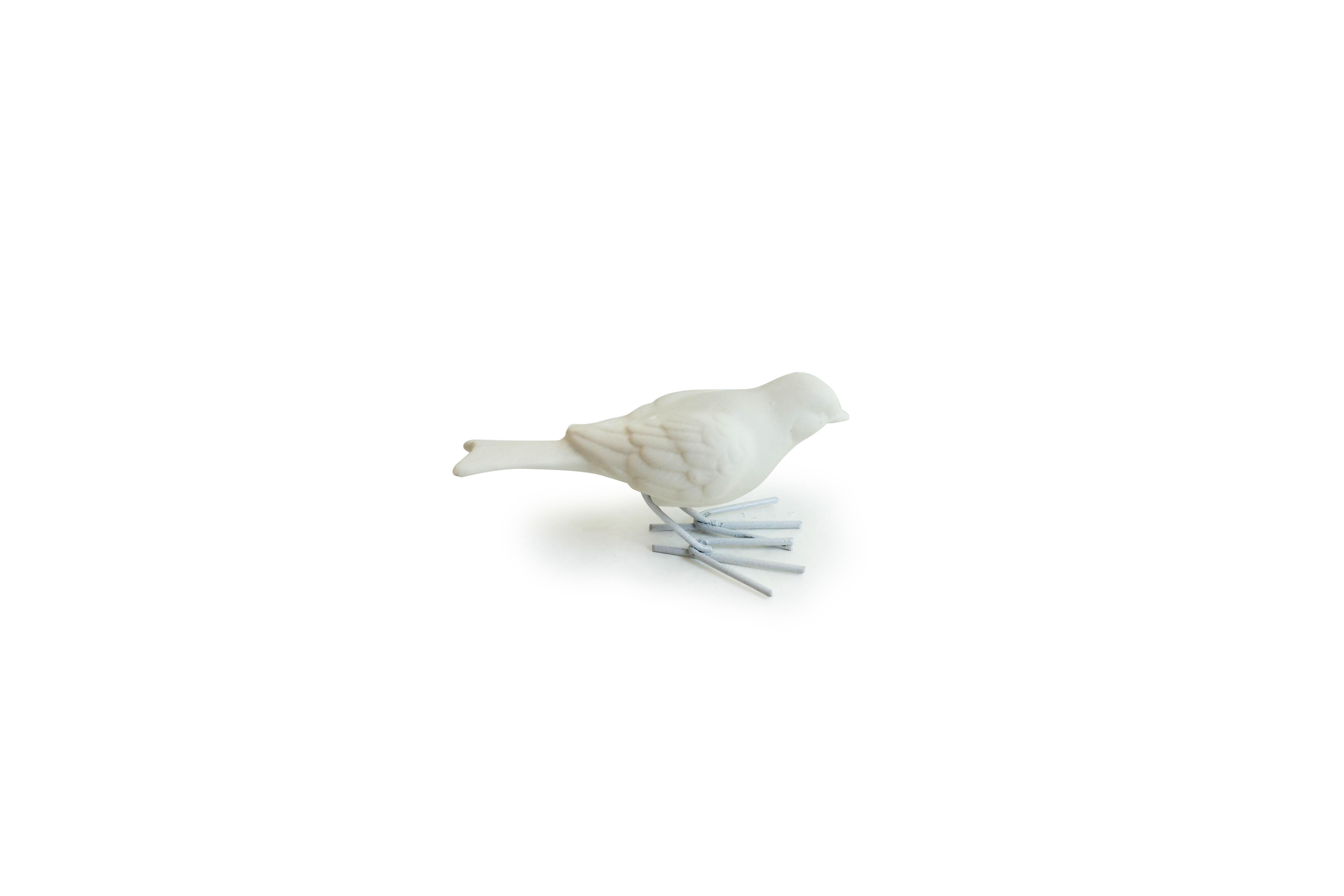 Set of 4 Unglazed White Porcelain Birds, Starlings supported by White Iron Legs  For Sale 5