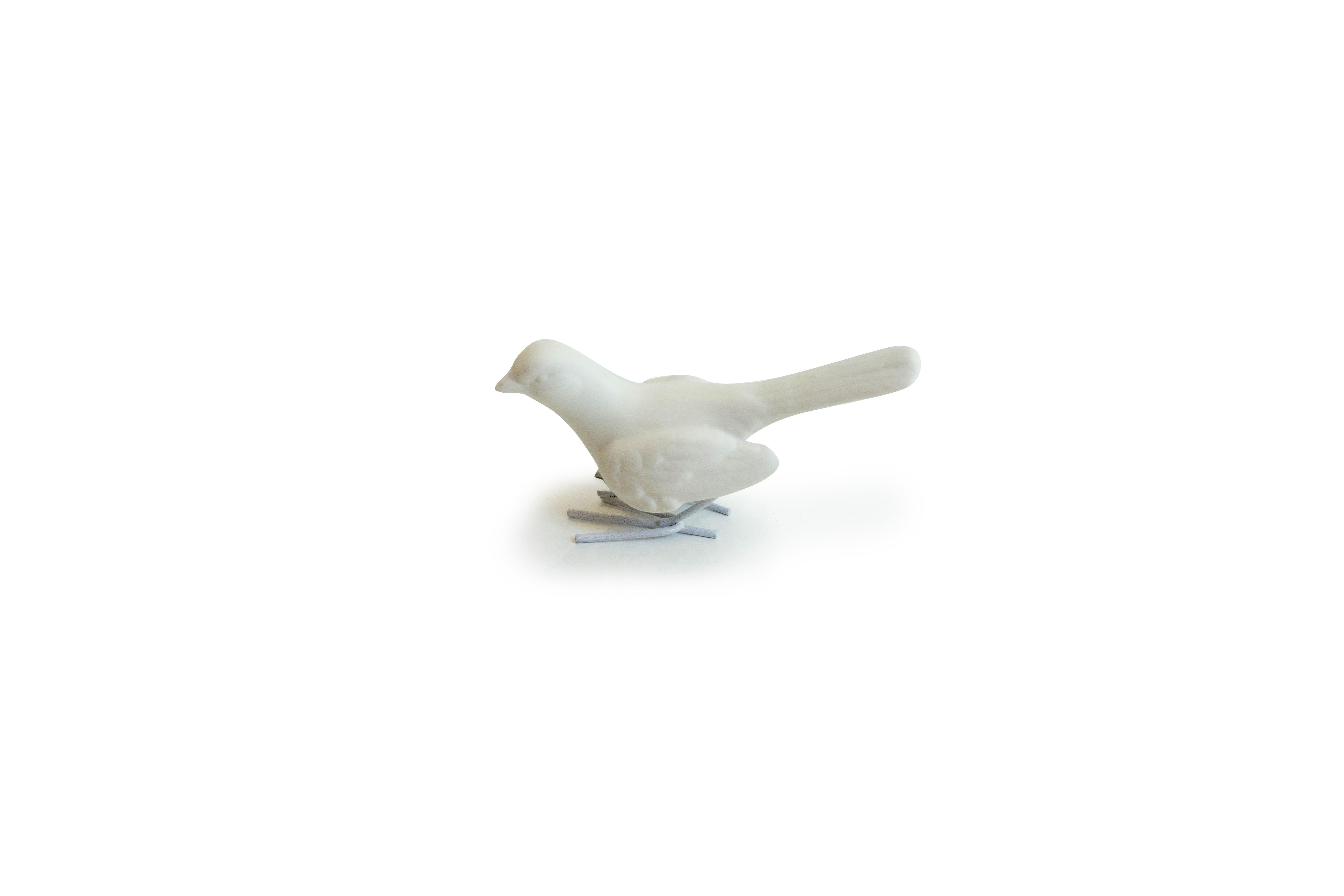 Modern Set of 4 Unglazed White Porcelain Birds, Starlings supported by White Iron Legs  For Sale