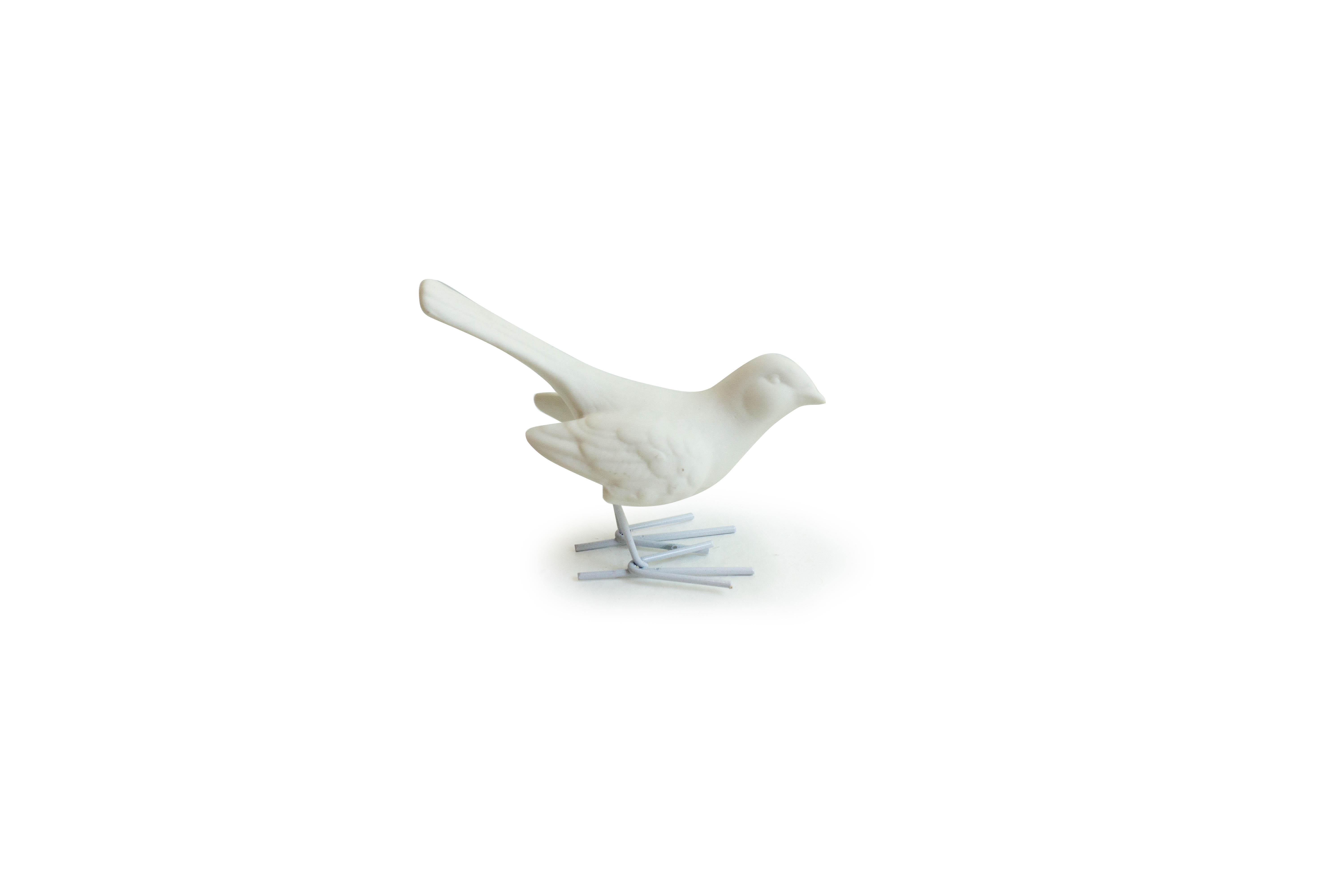 Contemporary Set of 4 Unglazed White Porcelain Birds, Starlings supported by White Iron Legs  For Sale