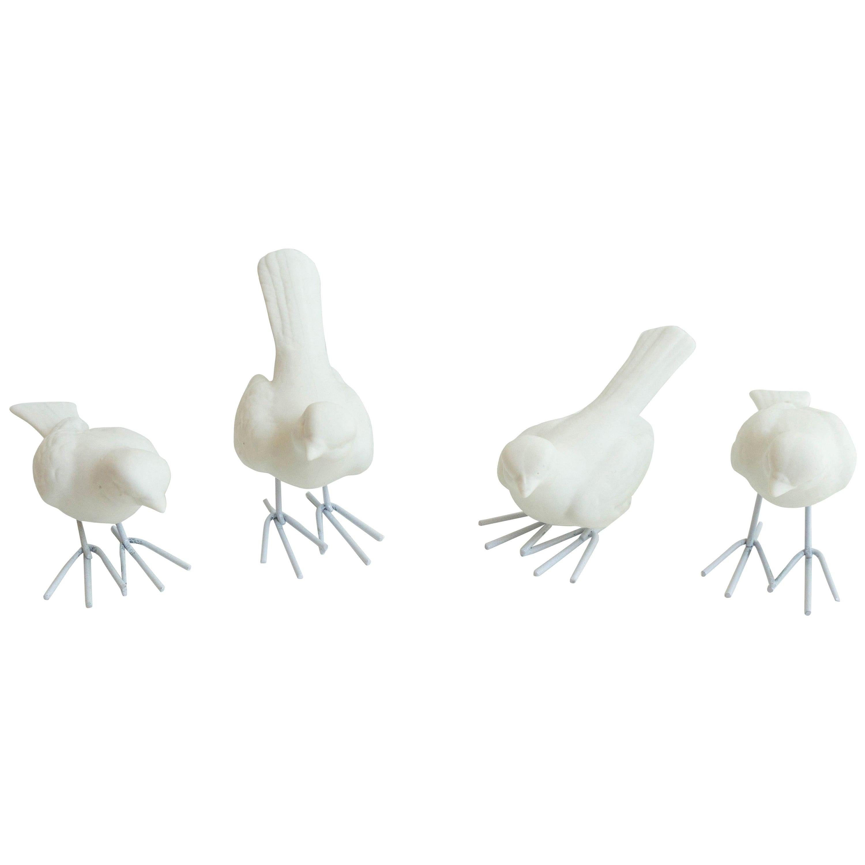Set of 4 Unglazed White Porcelain Birds, Starlings supported by White Iron Legs  For Sale