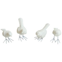 Set of 4 Unglazed White Porcelain Birds, Starlings supported by White Iron Legs 