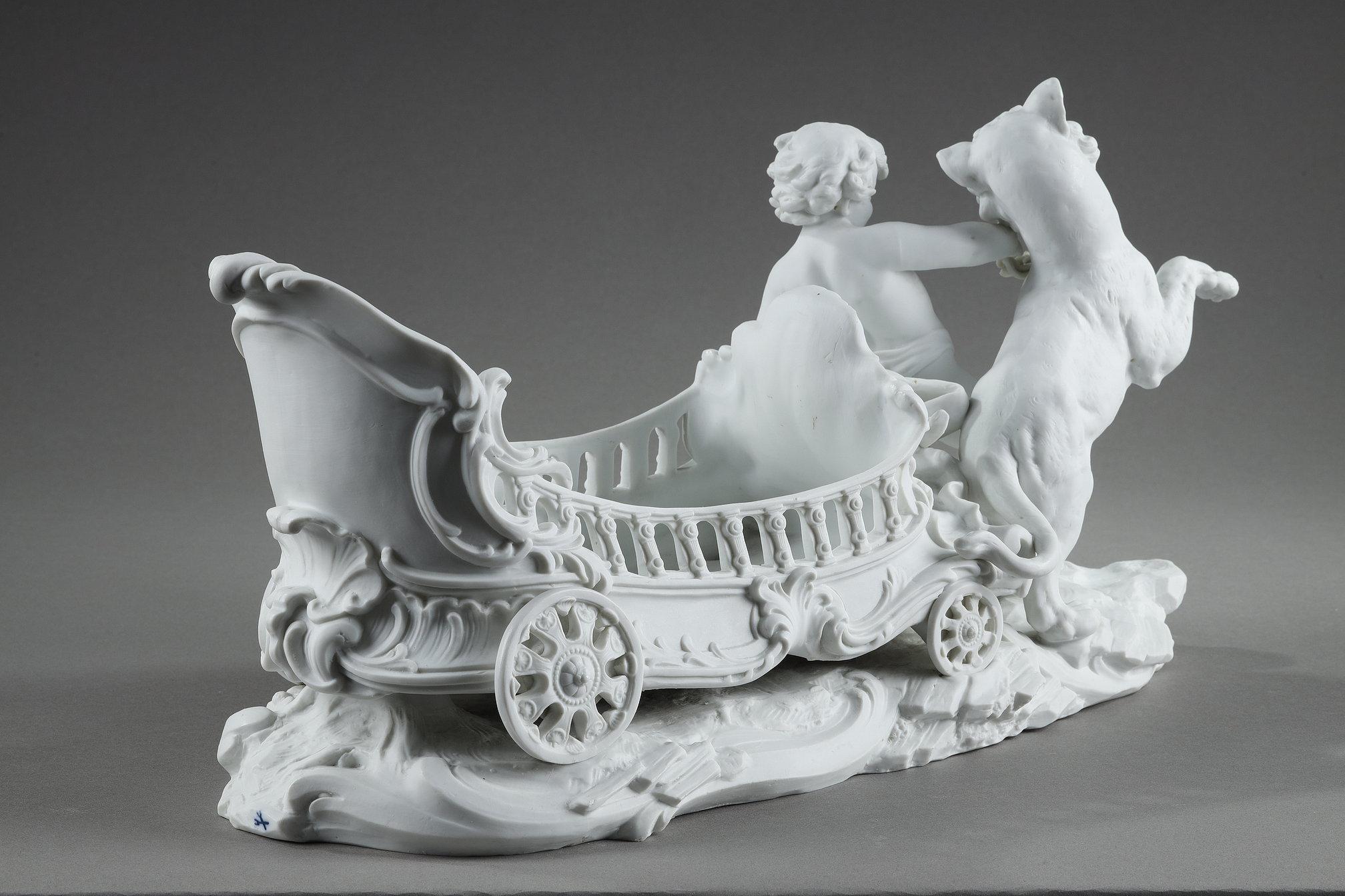 Porcelain biscuit basket decorated with putto and feline, 19th century 4