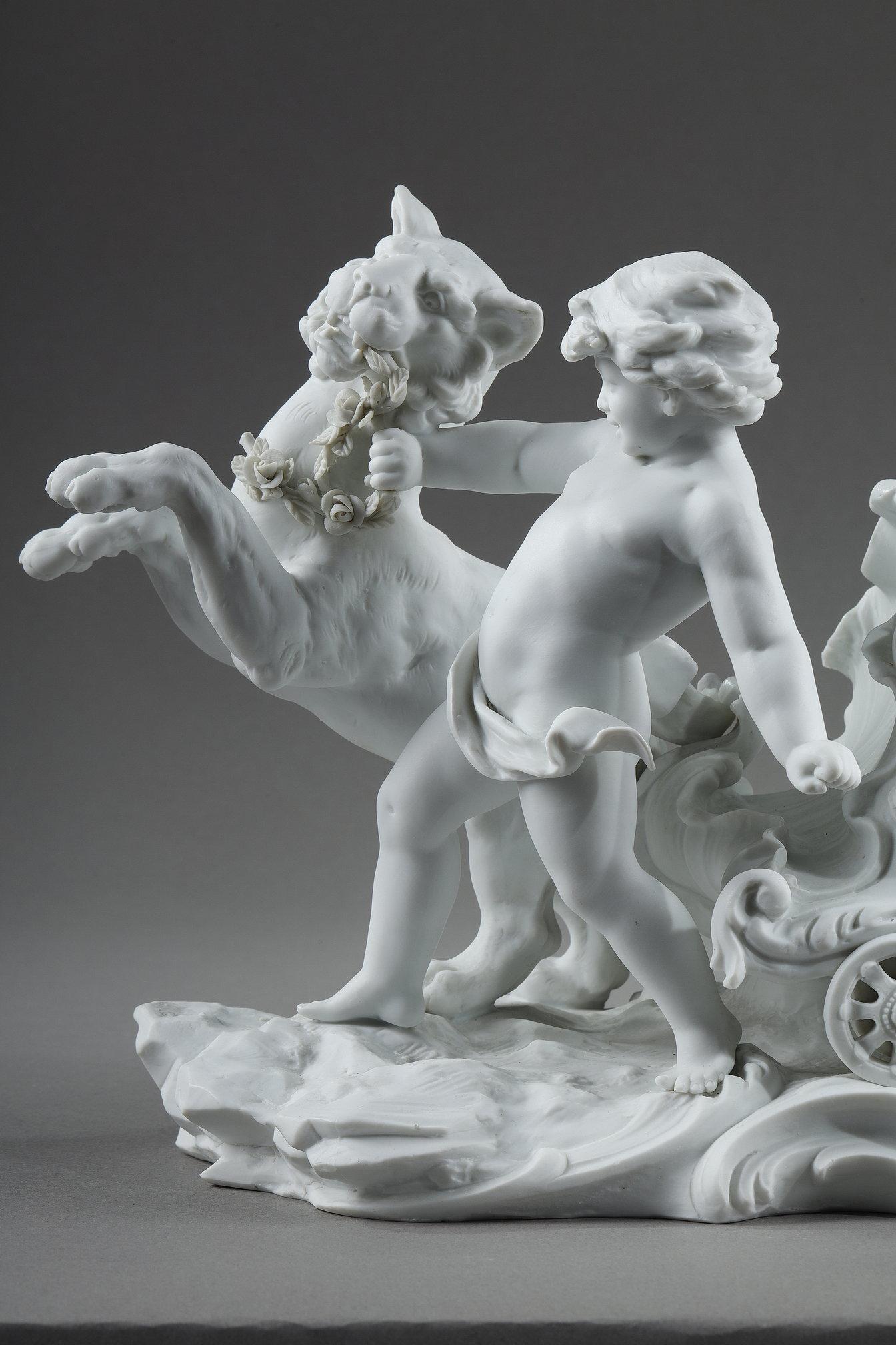 Porcelain biscuit basket decorated with putto and feline, 19th century 5