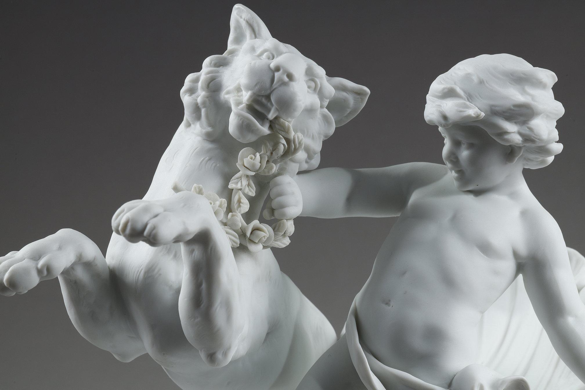 Porcelain biscuit basket decorated with putto and feline, 19th century 6