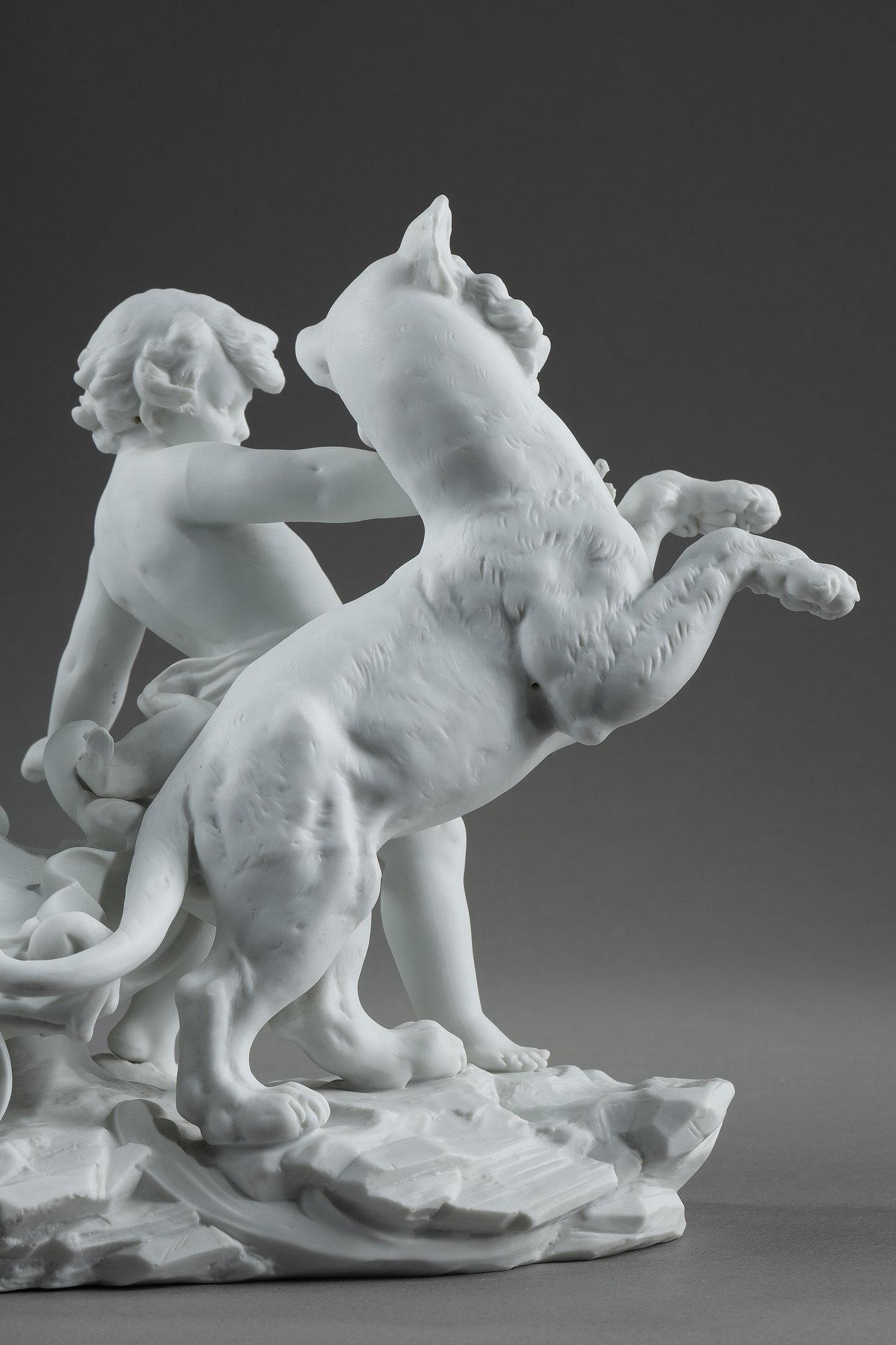 Porcelain biscuit basket decorated with putto and feline, 19th century 7