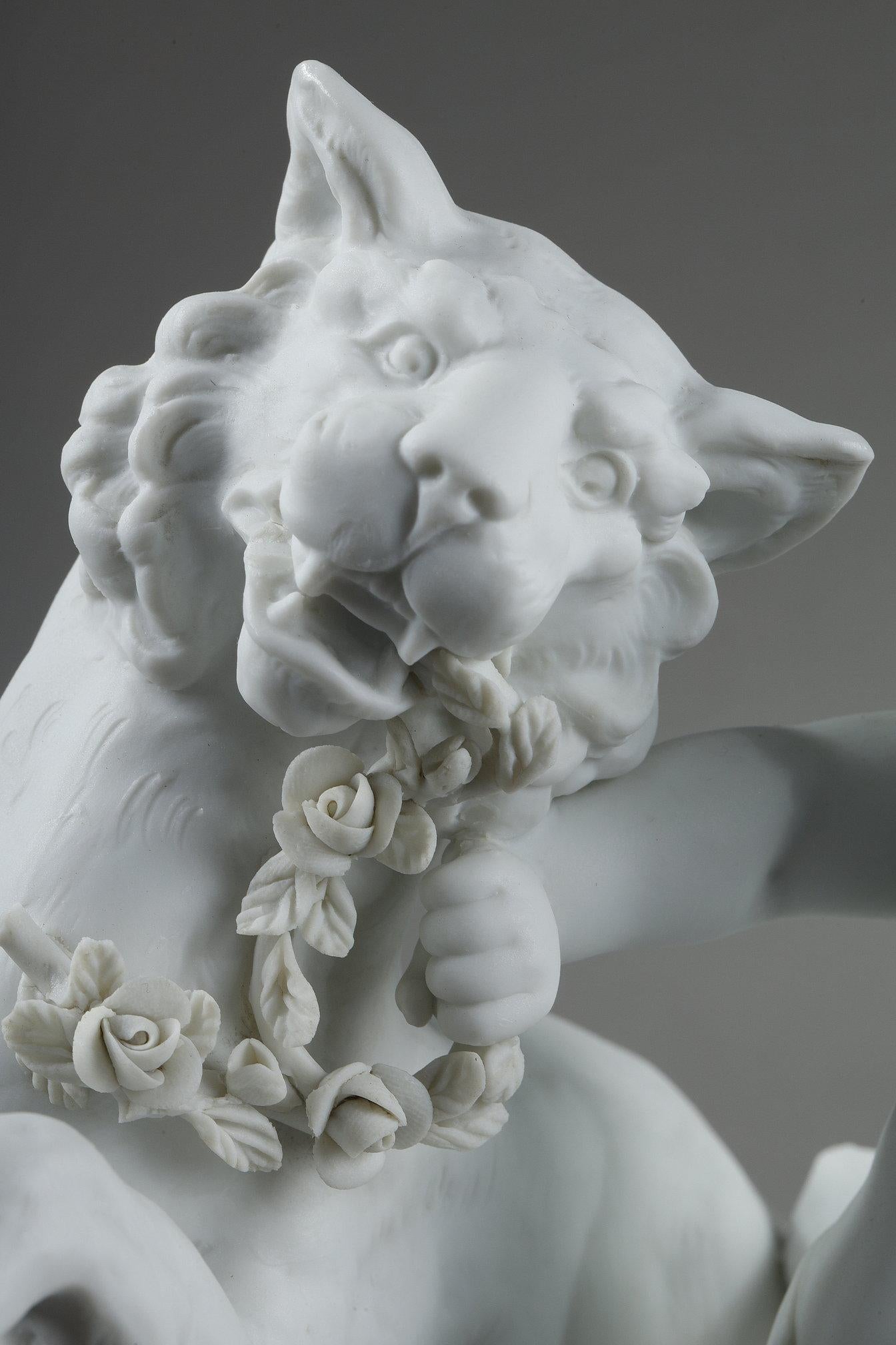 Porcelain biscuit basket decorated with putto and feline, 19th century 9
