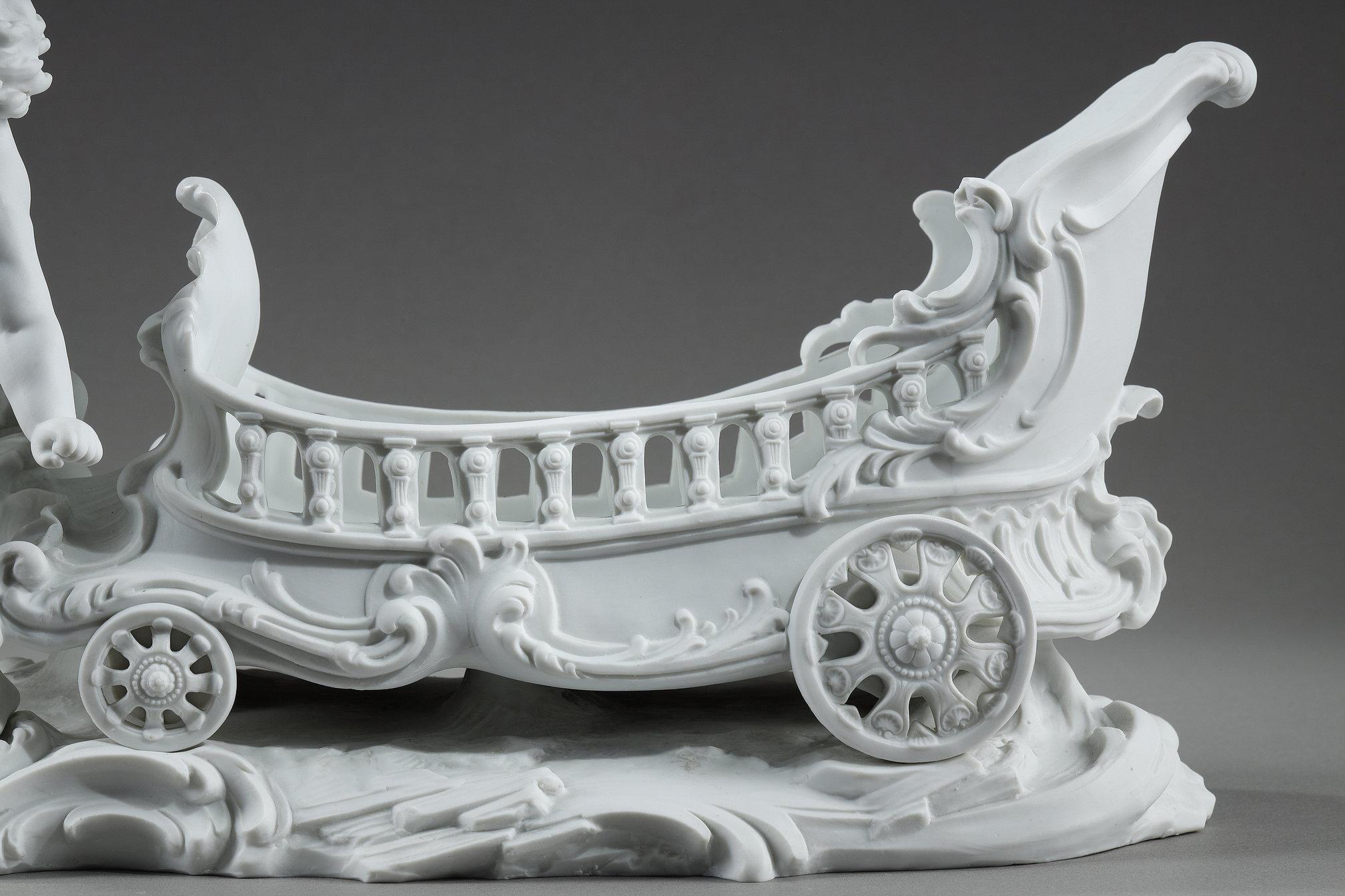 Porcelain biscuit basket decorated with putto and feline, 19th century 10