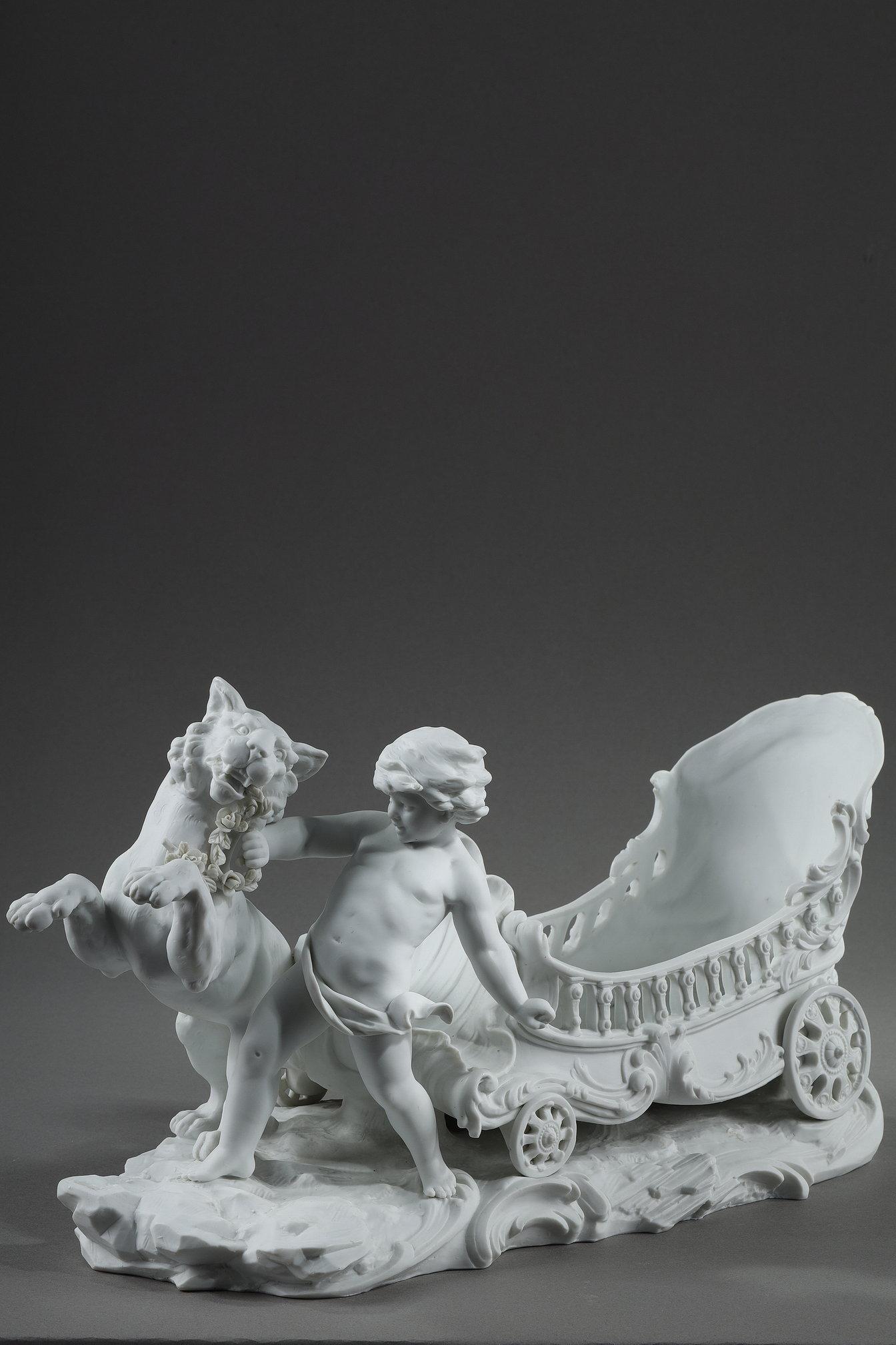 Napoleon III Porcelain biscuit basket decorated with putto and feline, 19th century