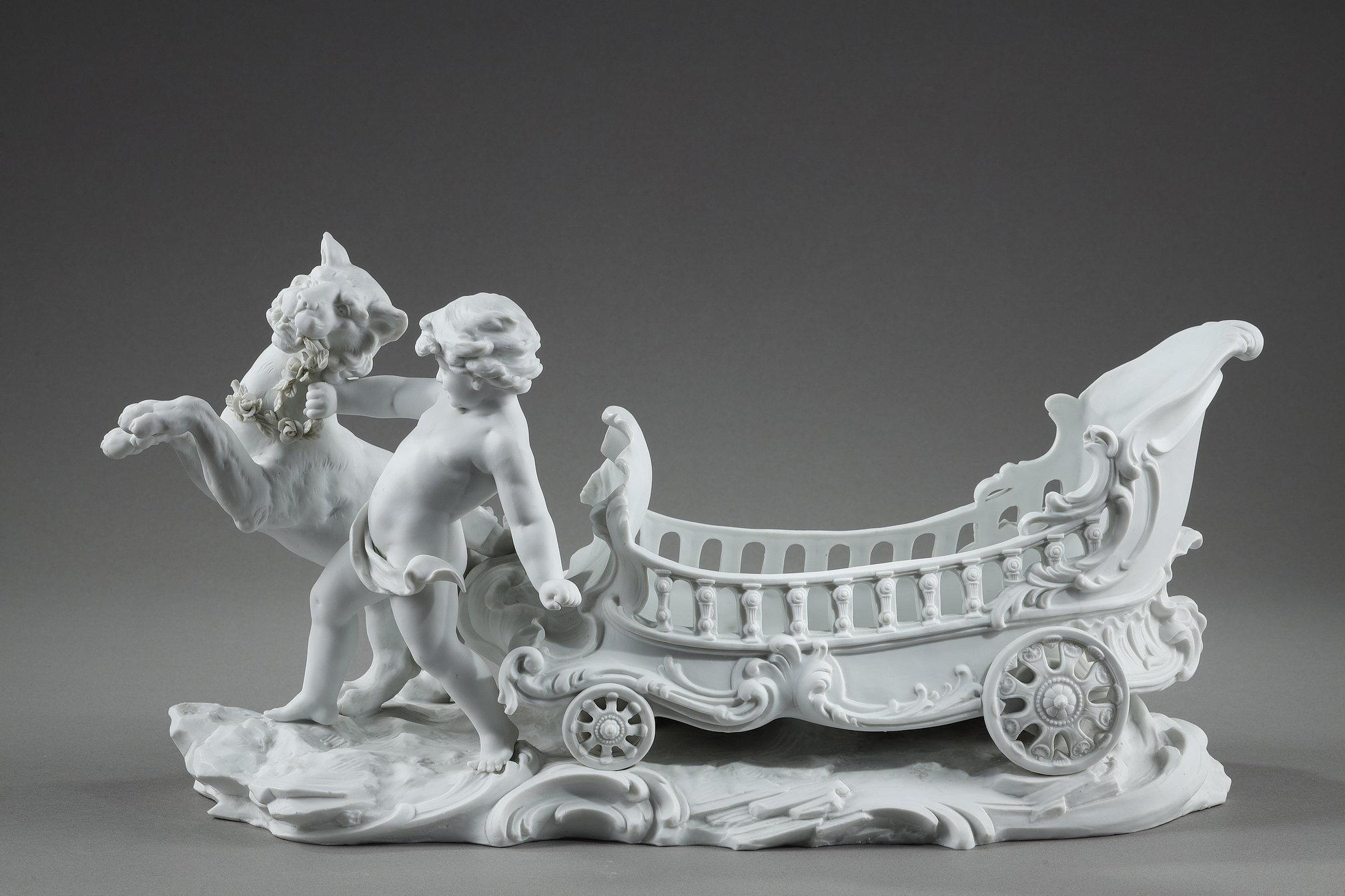 Mid-19th Century Porcelain biscuit basket decorated with putto and feline, 19th century