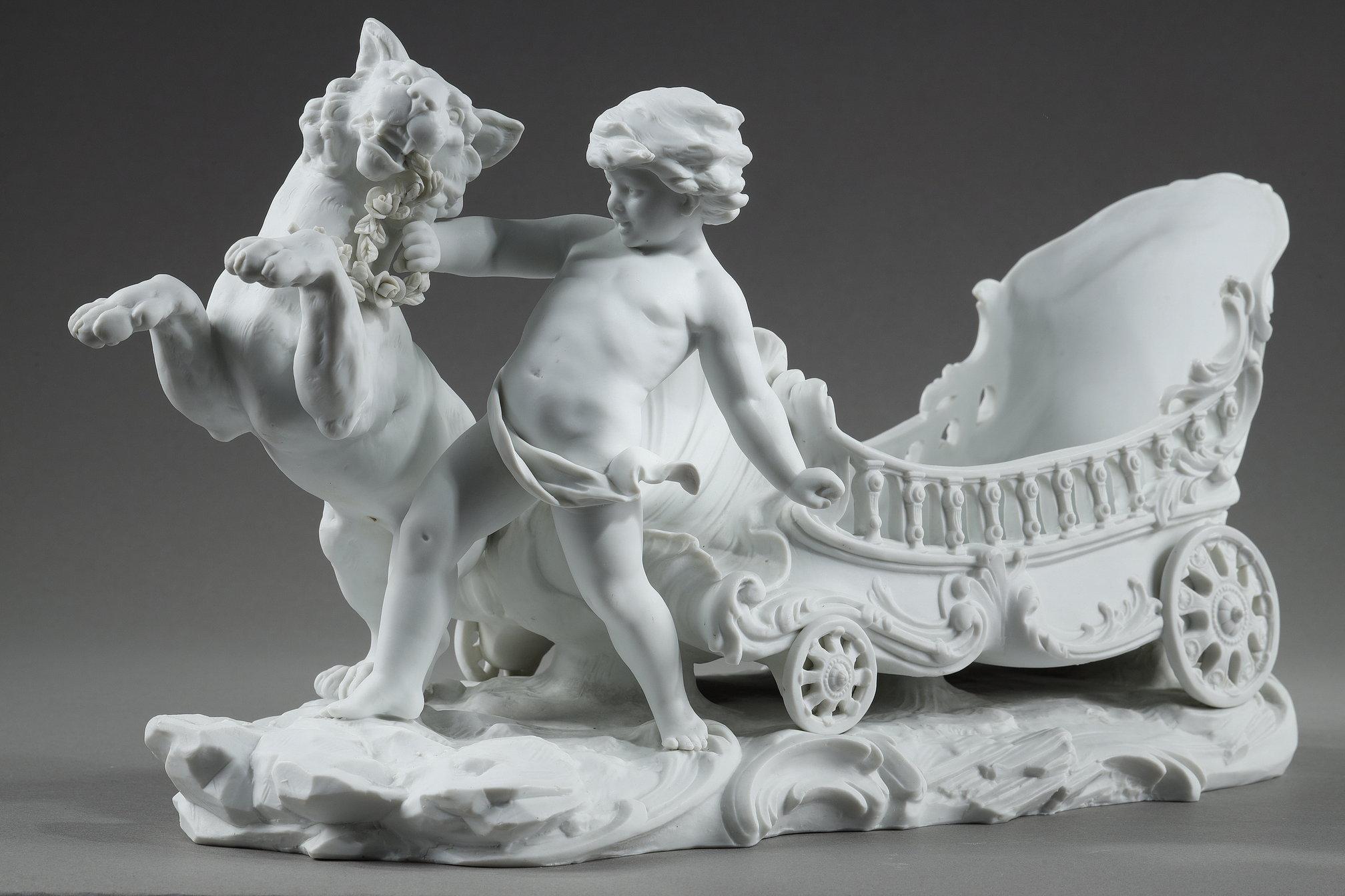 Porcelain biscuit basket decorated with putto and feline, 19th century 1