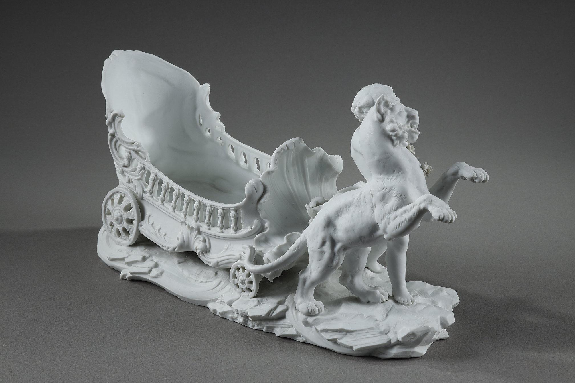 Porcelain biscuit basket decorated with putto and feline, 19th century 2
