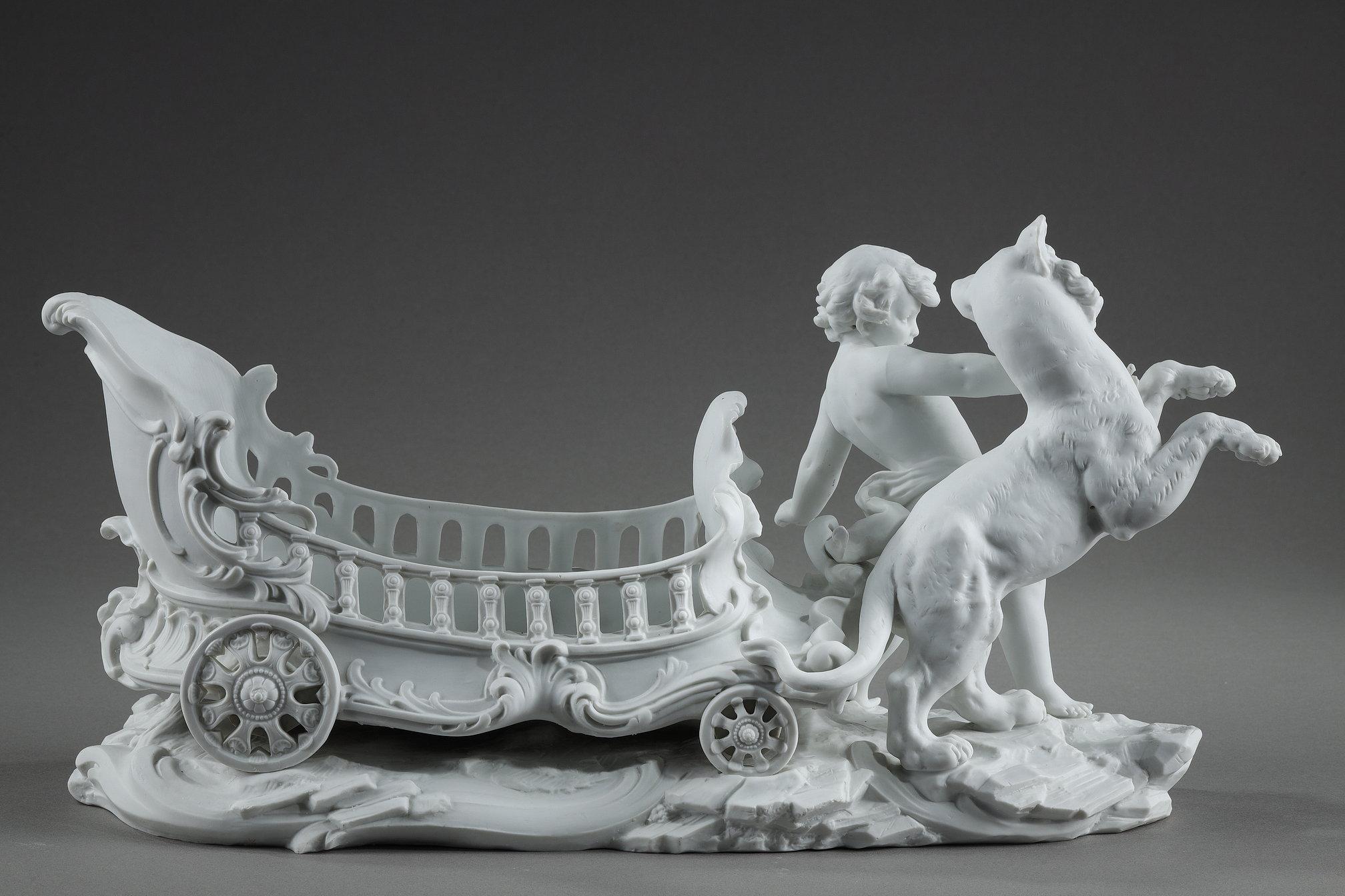 Porcelain biscuit basket decorated with putto and feline, 19th century 3