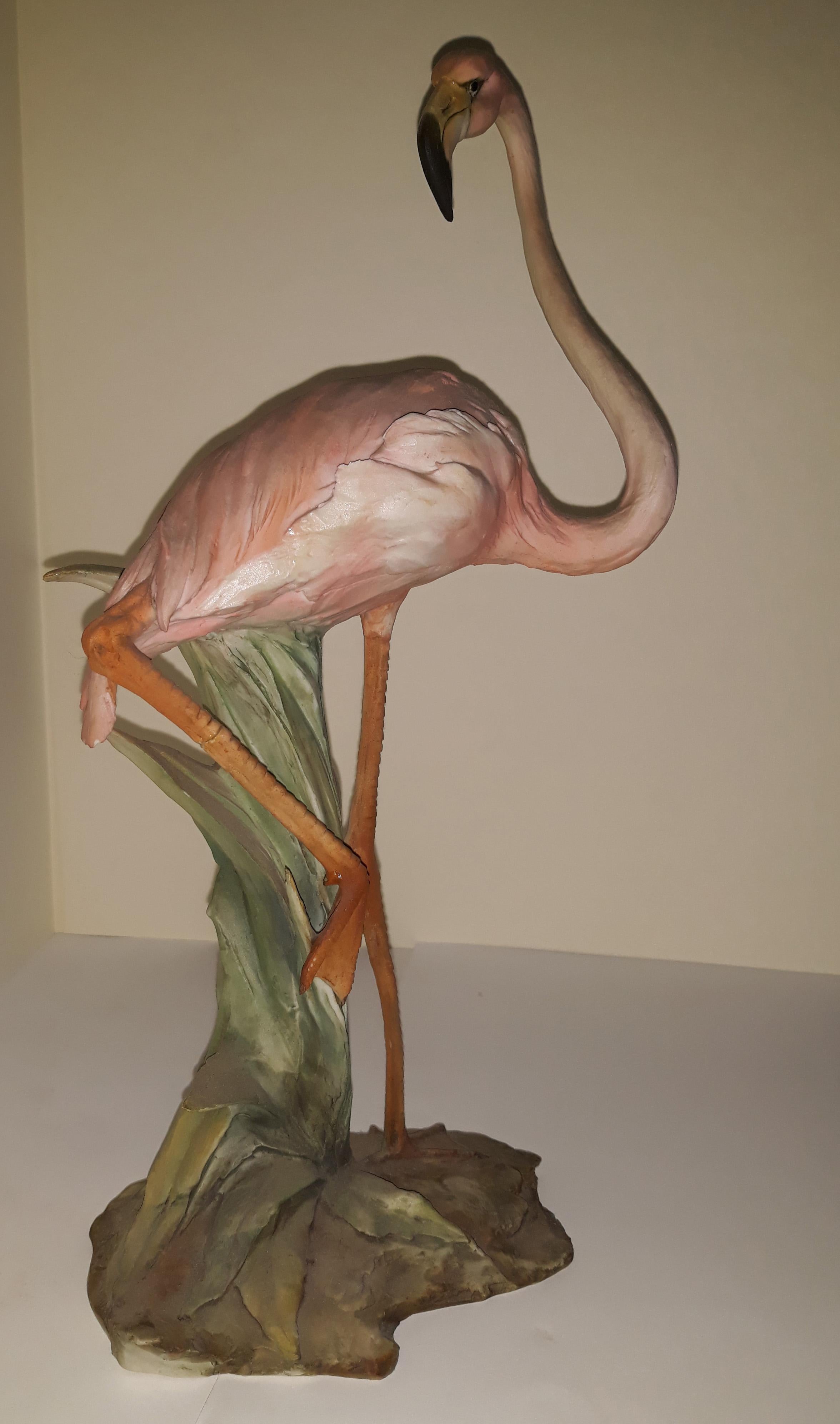 Italian Porcelain Biscuit Flamingo Ibis Pink, Italy 1960, Signed 