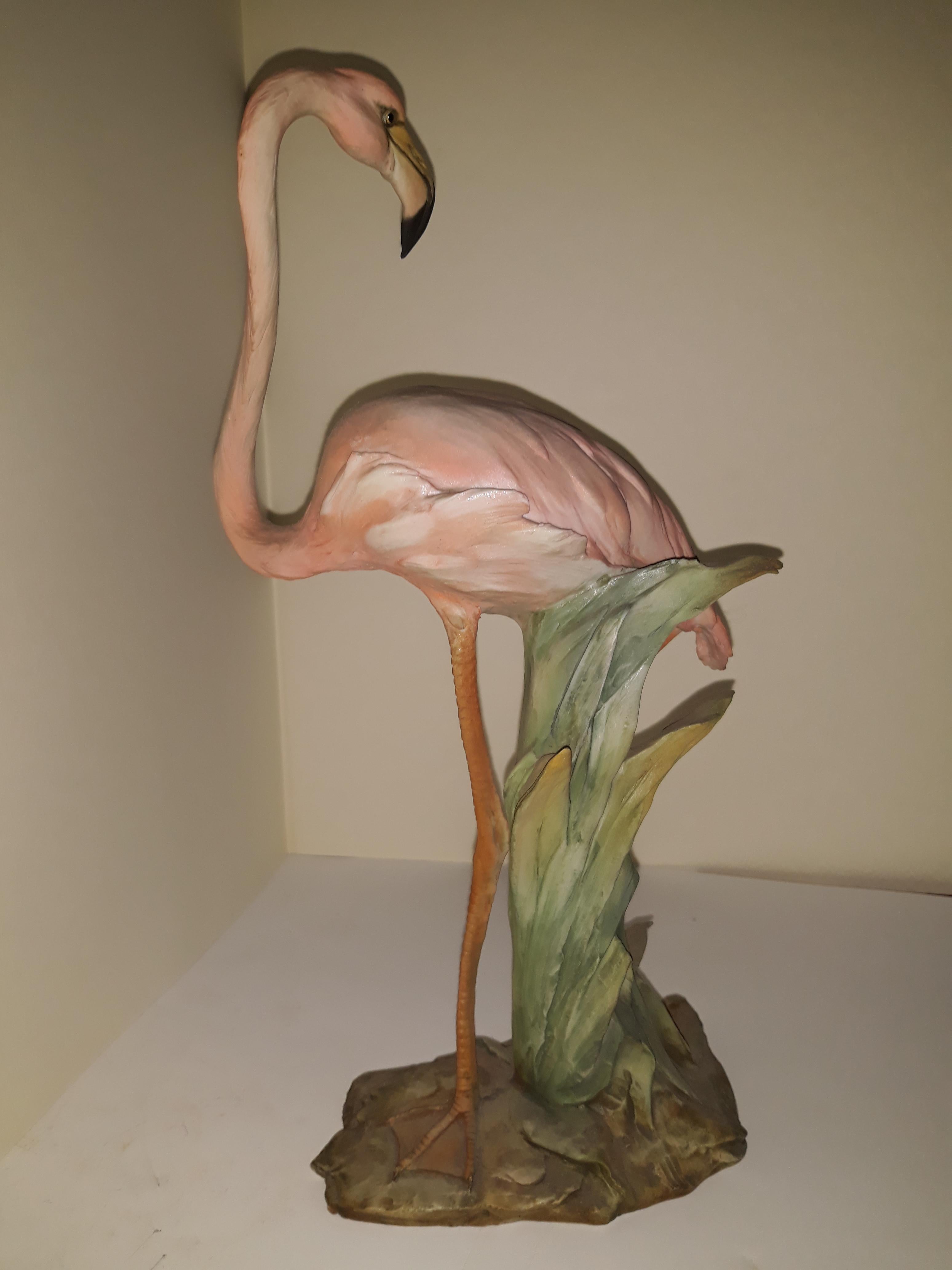Porcelain Biscuit Flamingo Ibis Pink, Italy 1960, Signed 