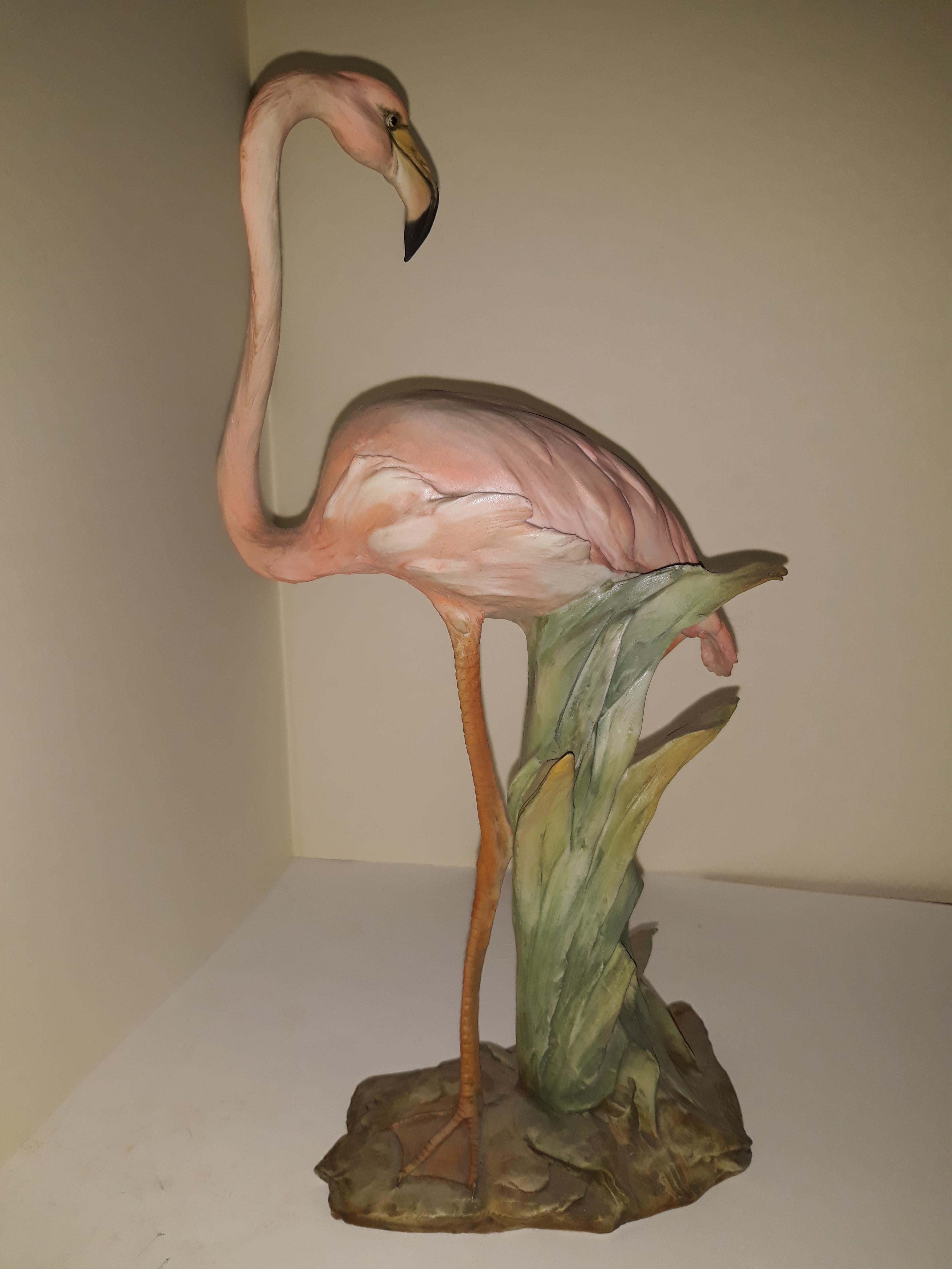 Porcelain Biscuit Flamingo Ibis Pink, Italy 1960, Signed 