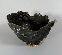 Porcelain, black, hand-built bowl, with gold lustre edges, fine-art, collectable