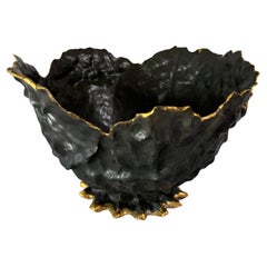 Porcelain, black, hand-built bowl, with gold lustre edges, fine-art, collectable